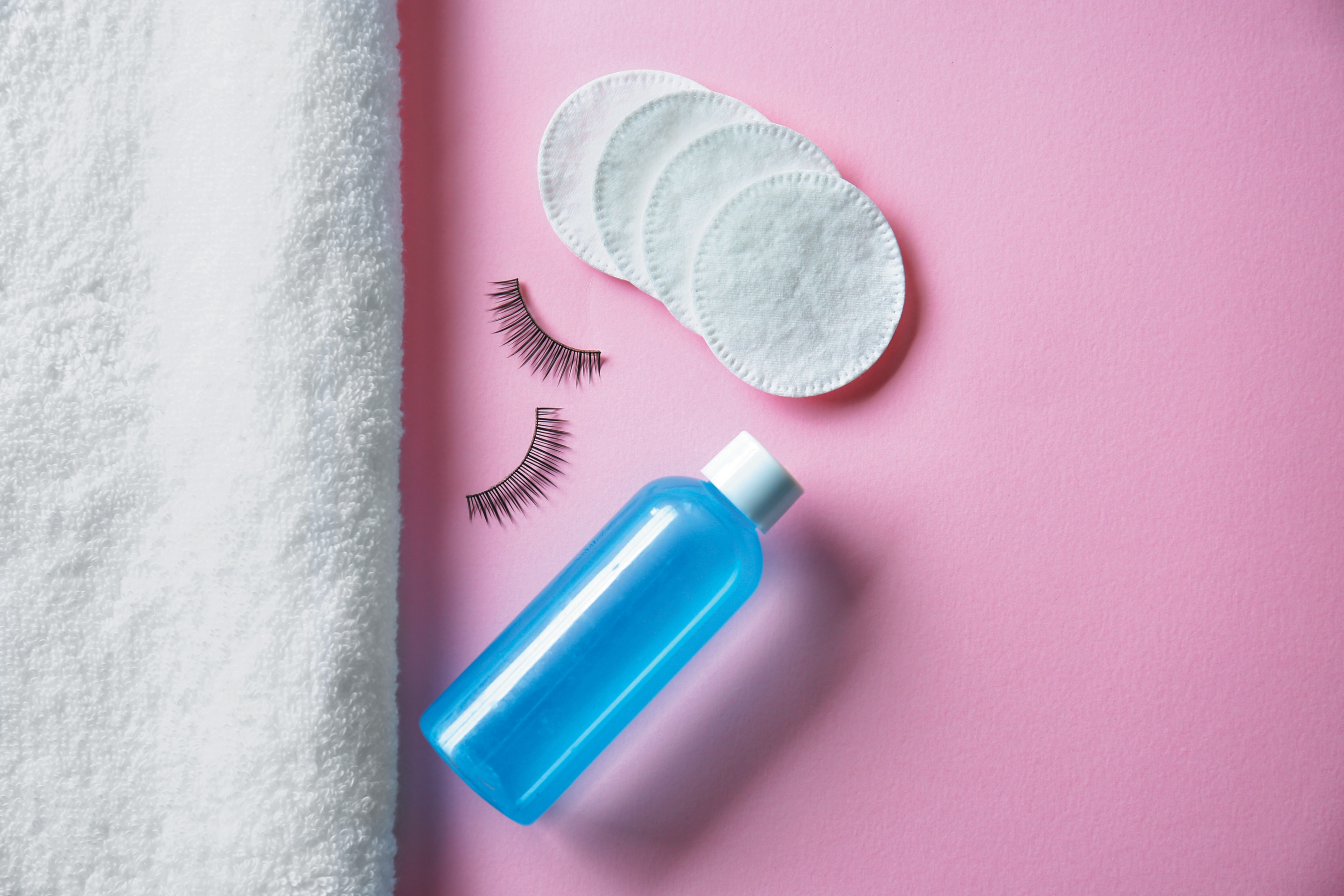 Makeup remover, false eyelashes, and cotton pads