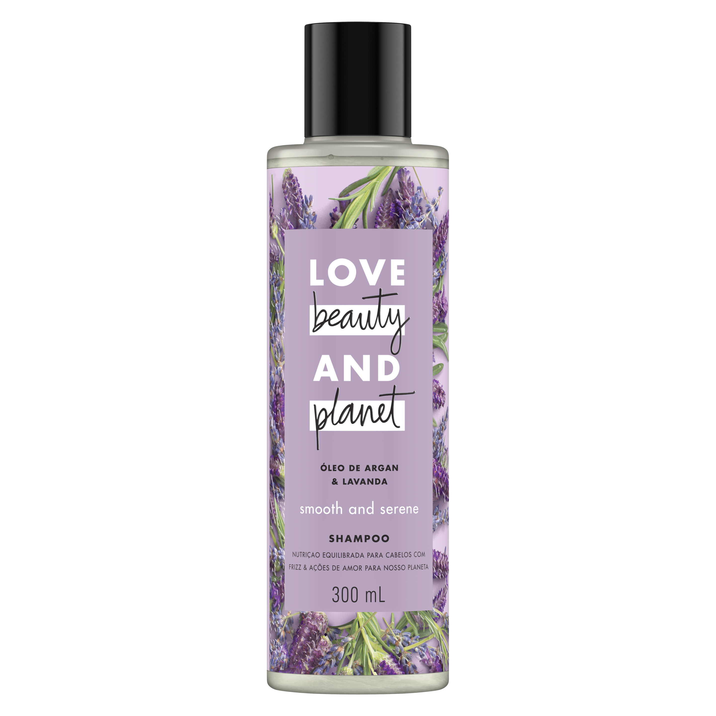 Frente da embalagem do shampoo Love Beauty and Planet óleo de argan & lavanda 300 ml