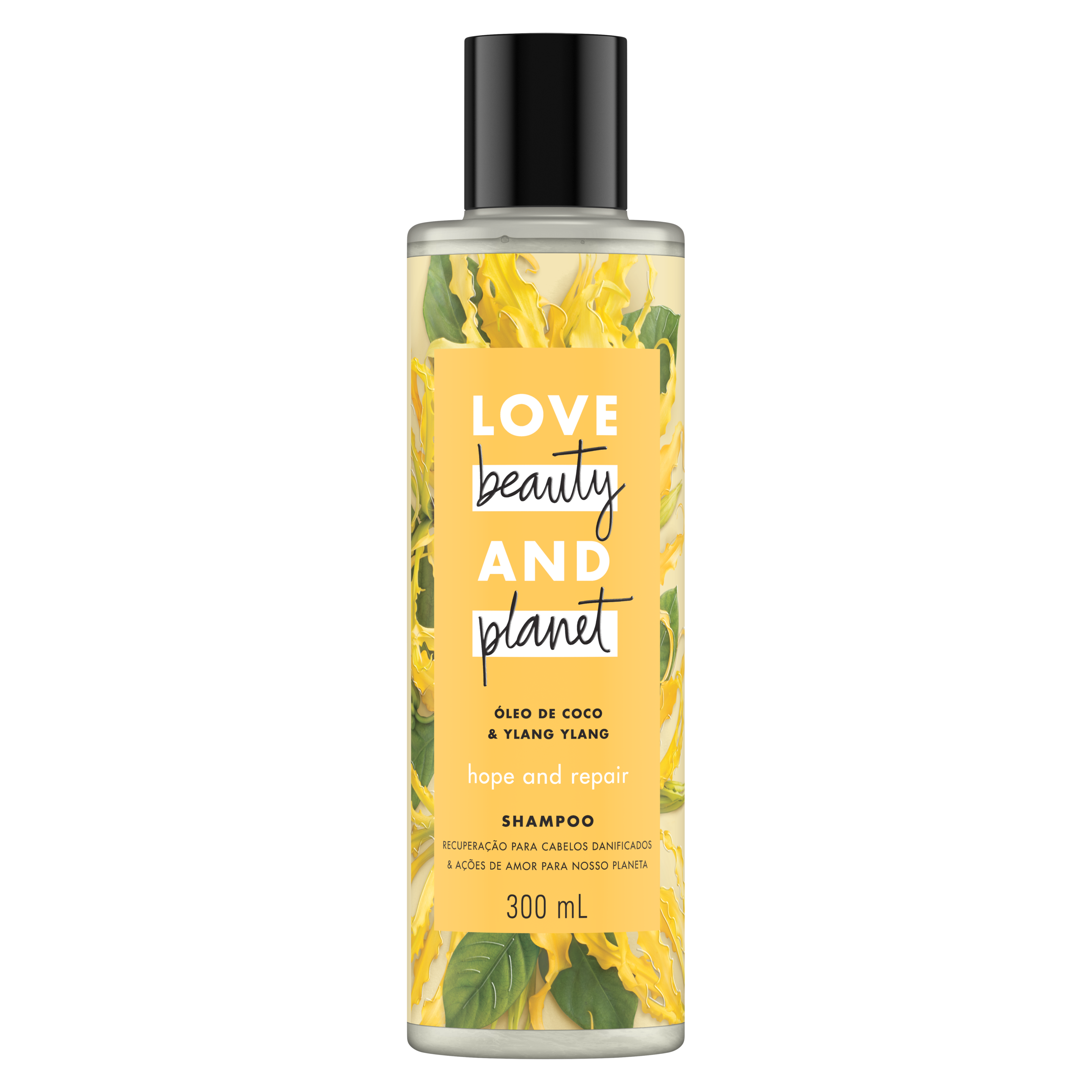 Frente da embalagem do shampoo Love Beauty and Planet óleo de coco & ylang-ylang 300 ml