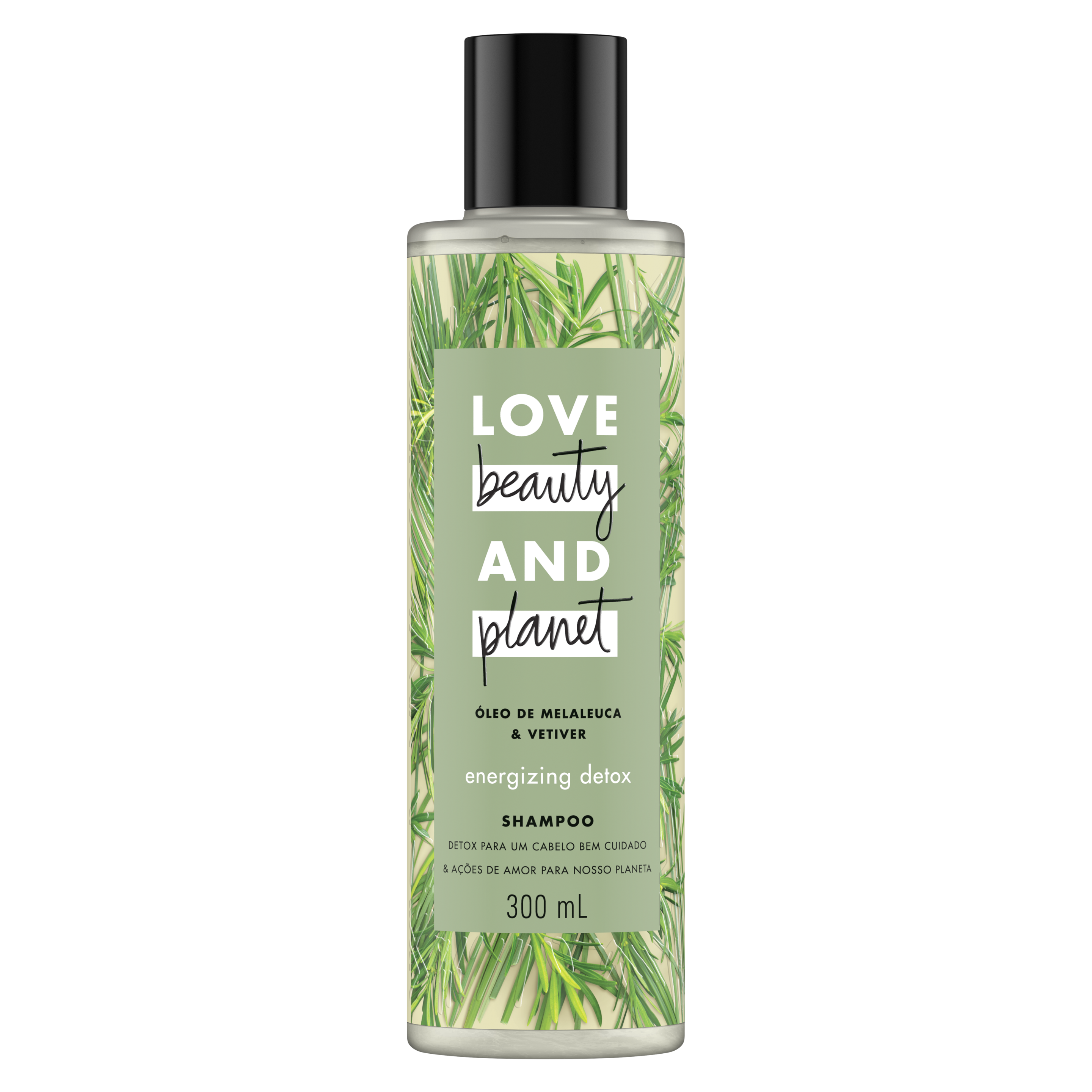 Frente da embalagem do shampoo com maleleuca Love Beauty and Planet óleo de melaleuca & vetiver 300 ml Text
