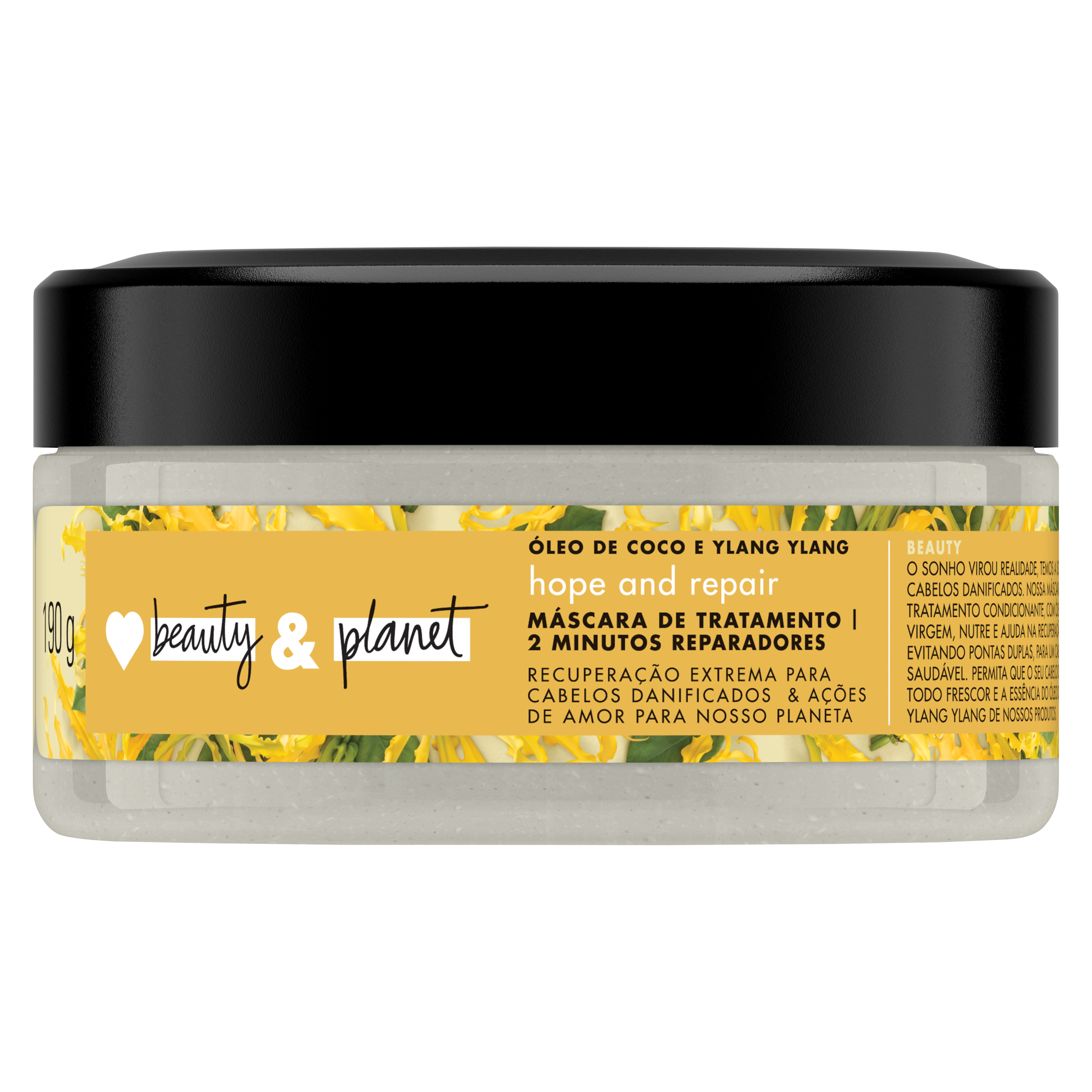 Frente da embalagem da máscara de tratamento Love Beauty and Planet óleo de coco & ylang-ylang 190 ml