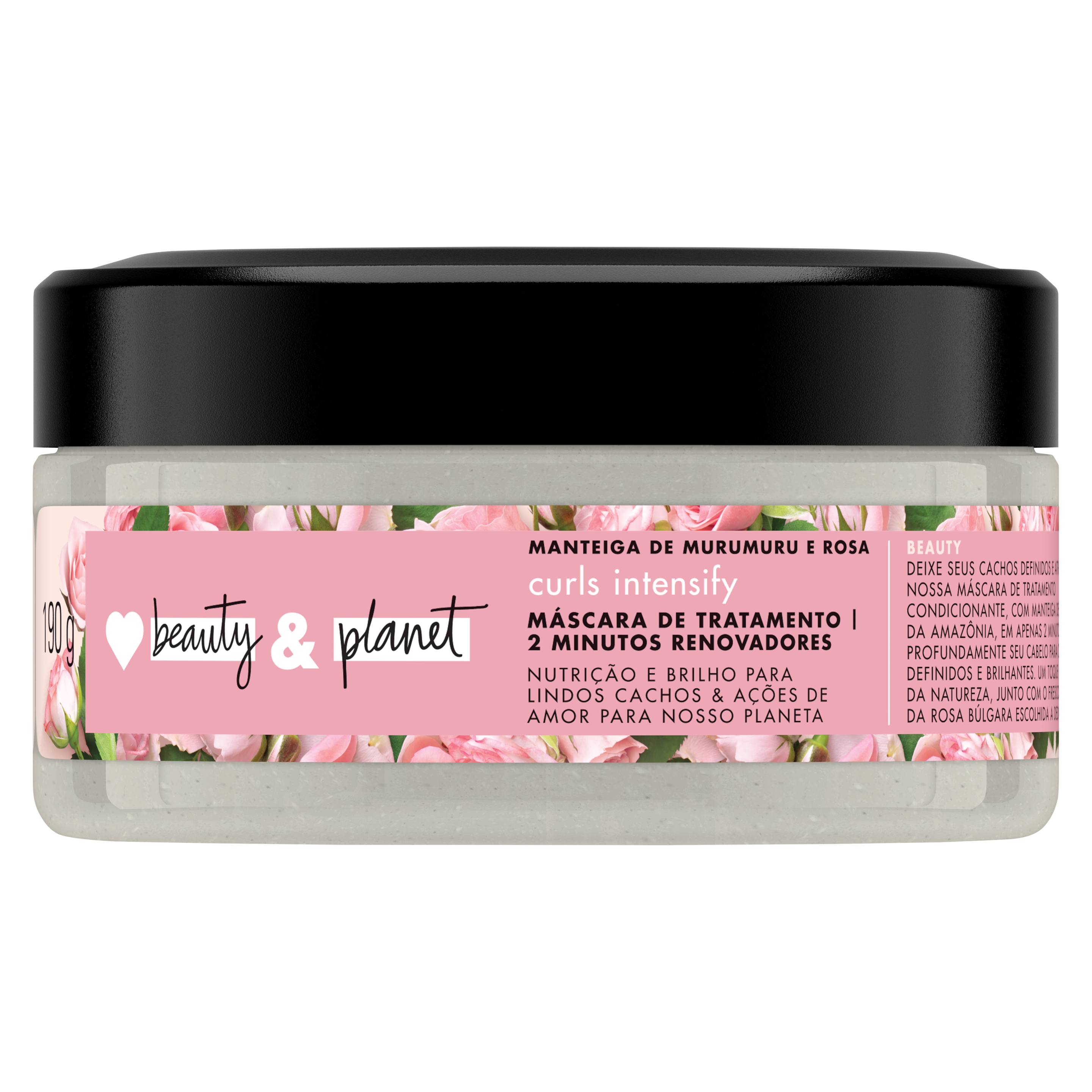Frente da embalagem da máscara de tratamento Love Beauty and Planet manteiga de murumuru & rosa 190 ml