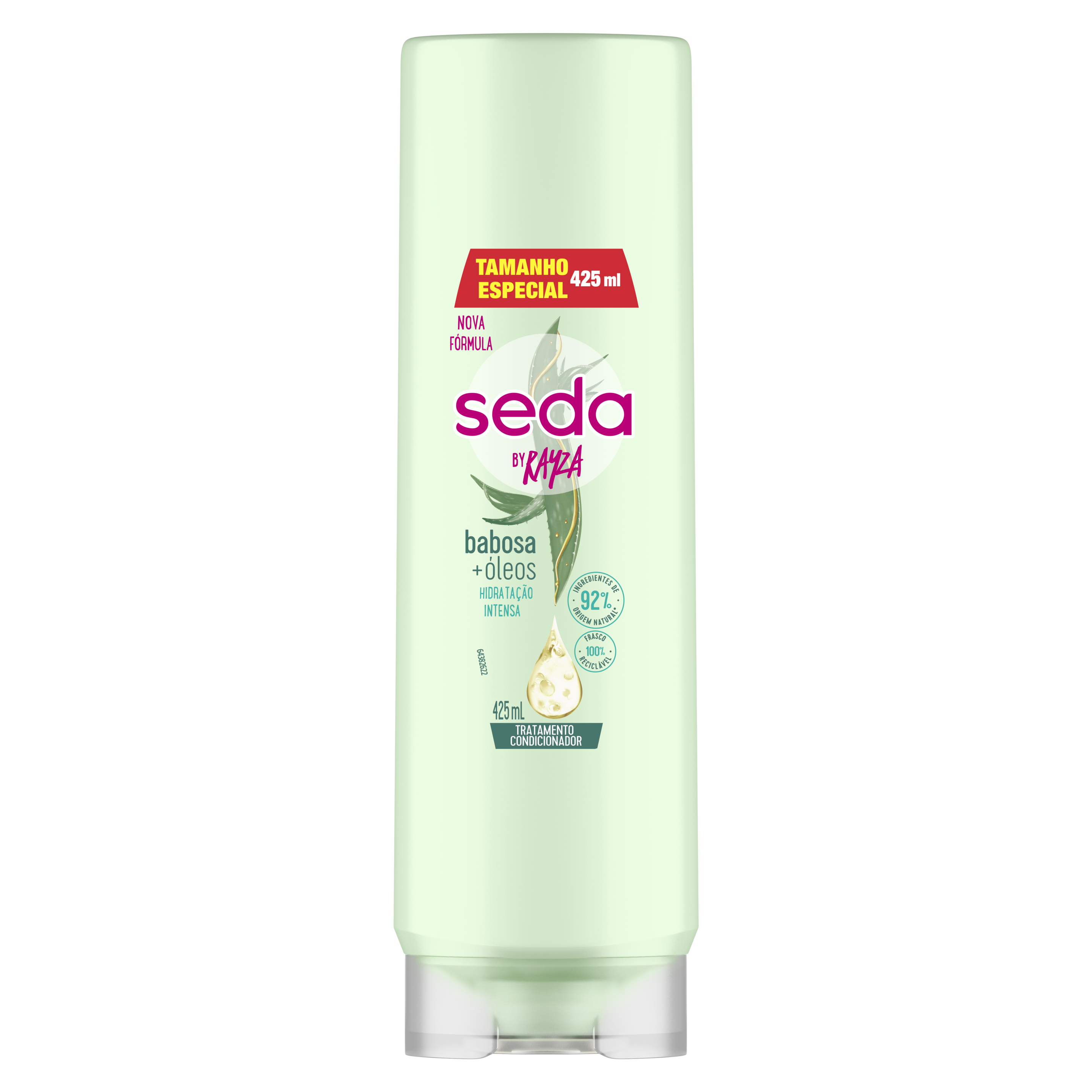 Uma imagem frontal da embalagem de Condicionador Seda By Rayza Babosa + Óleos 425ml. Uma imagem traseira da embalagem de Condicionador Seda By Rayza Babosa + Óleos 425ml