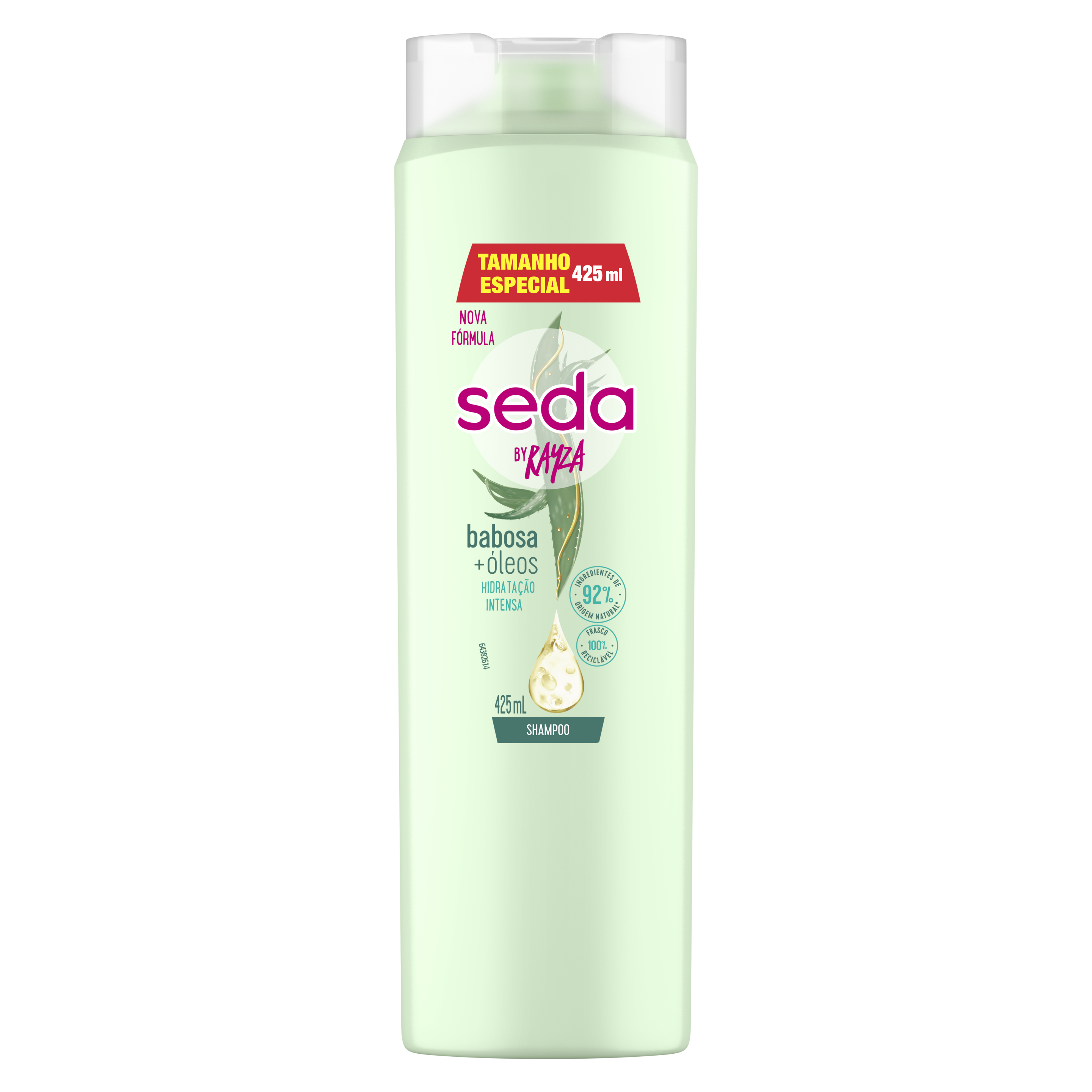 Uma imagem frontal da embalagem de Shampoo Seda By Rayza Babosa + Óleos 425ml. Uma imagem traseira da embalagem de Shampoo Seda By Rayza Babosa + Óleos 425ml