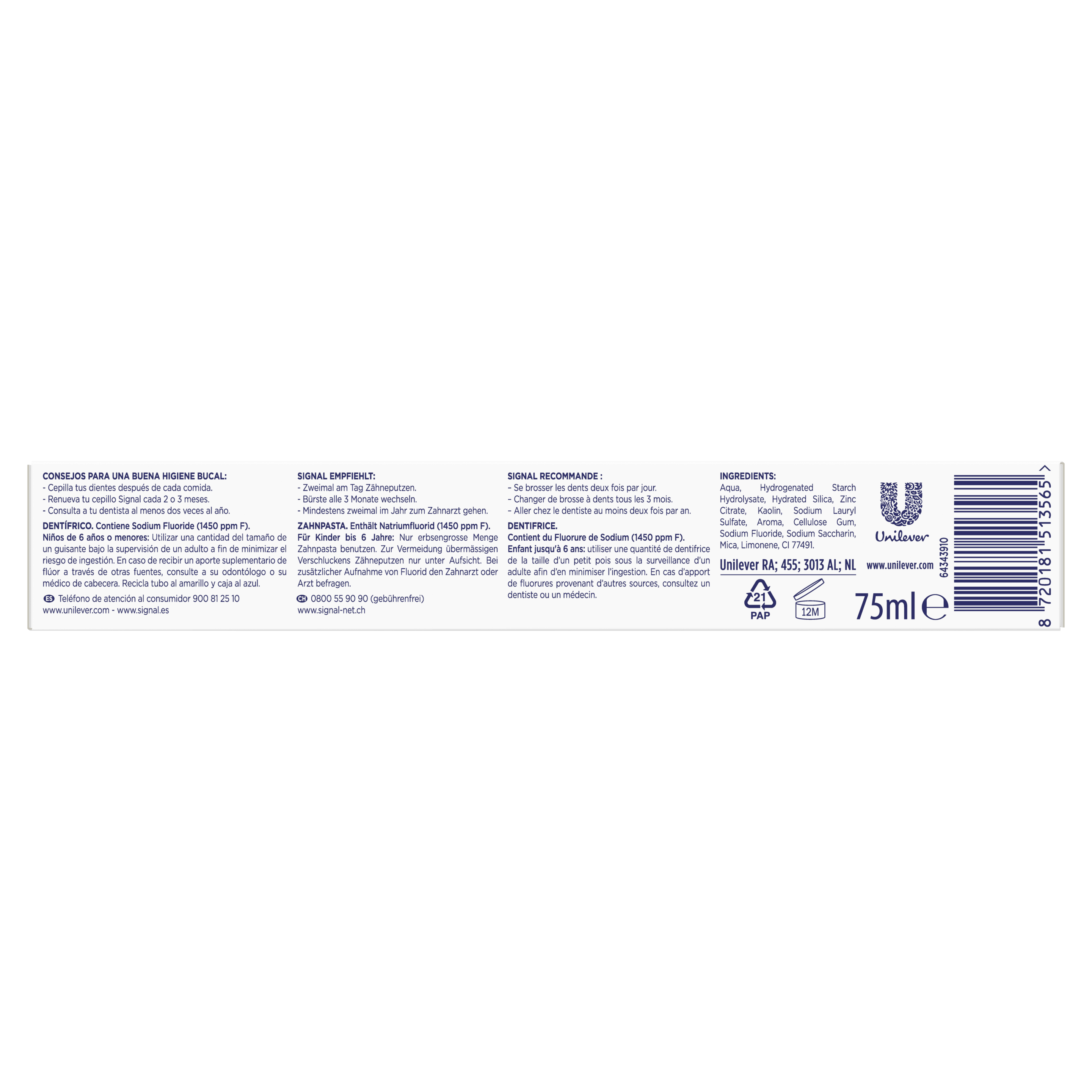 SIGNAL Dentífrico Integral 8 Protección Completa, Con ingredientes de origen natural 75ml