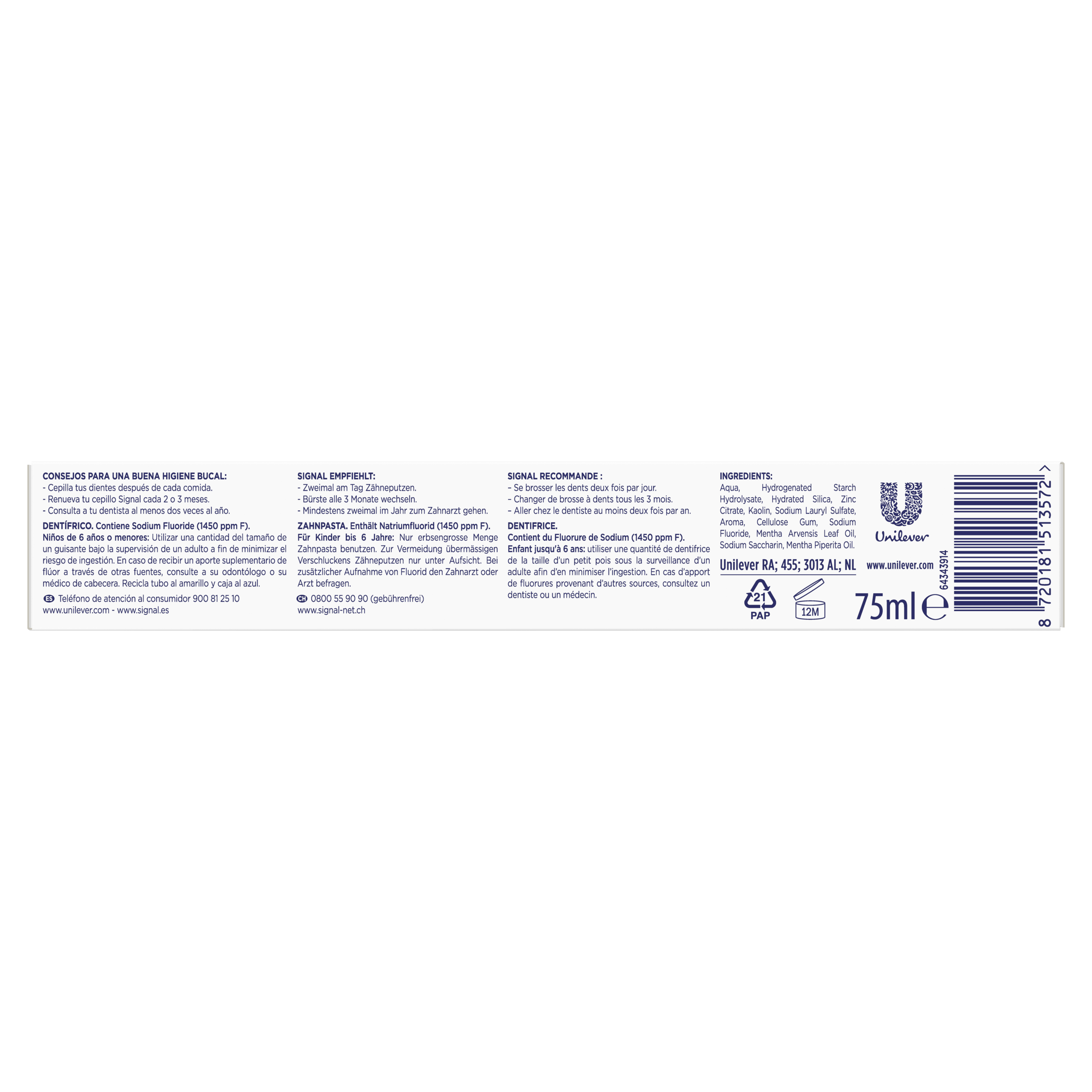 SIGNAL Dentífrico Integral 8 Blanqueador, Con ingredientes de origen natural 75ml