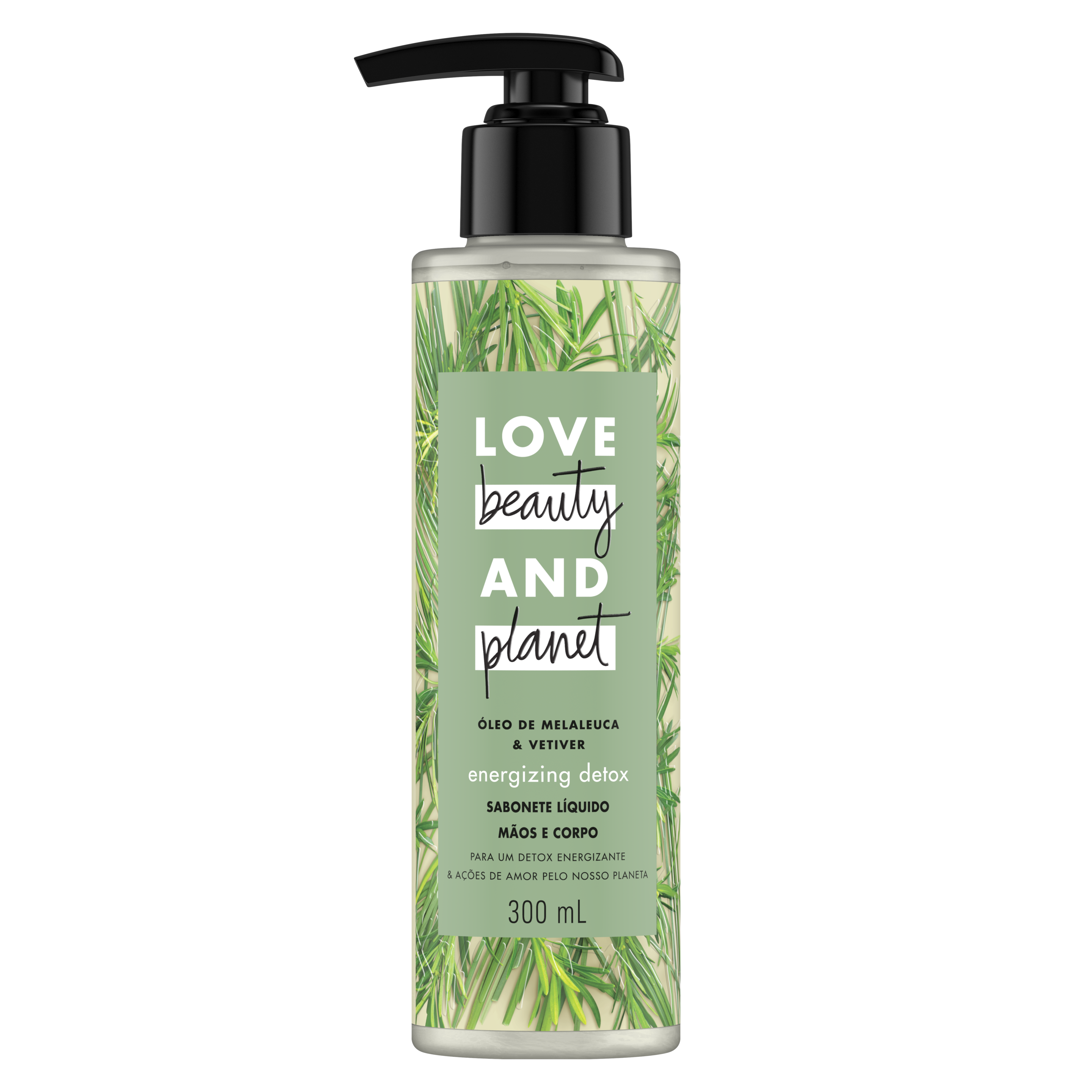 Frente da embalagem do sabonete líquido para o corpo e mãos Love Beauty and Planet óleo de melaleuca & vetiver 300 ml
