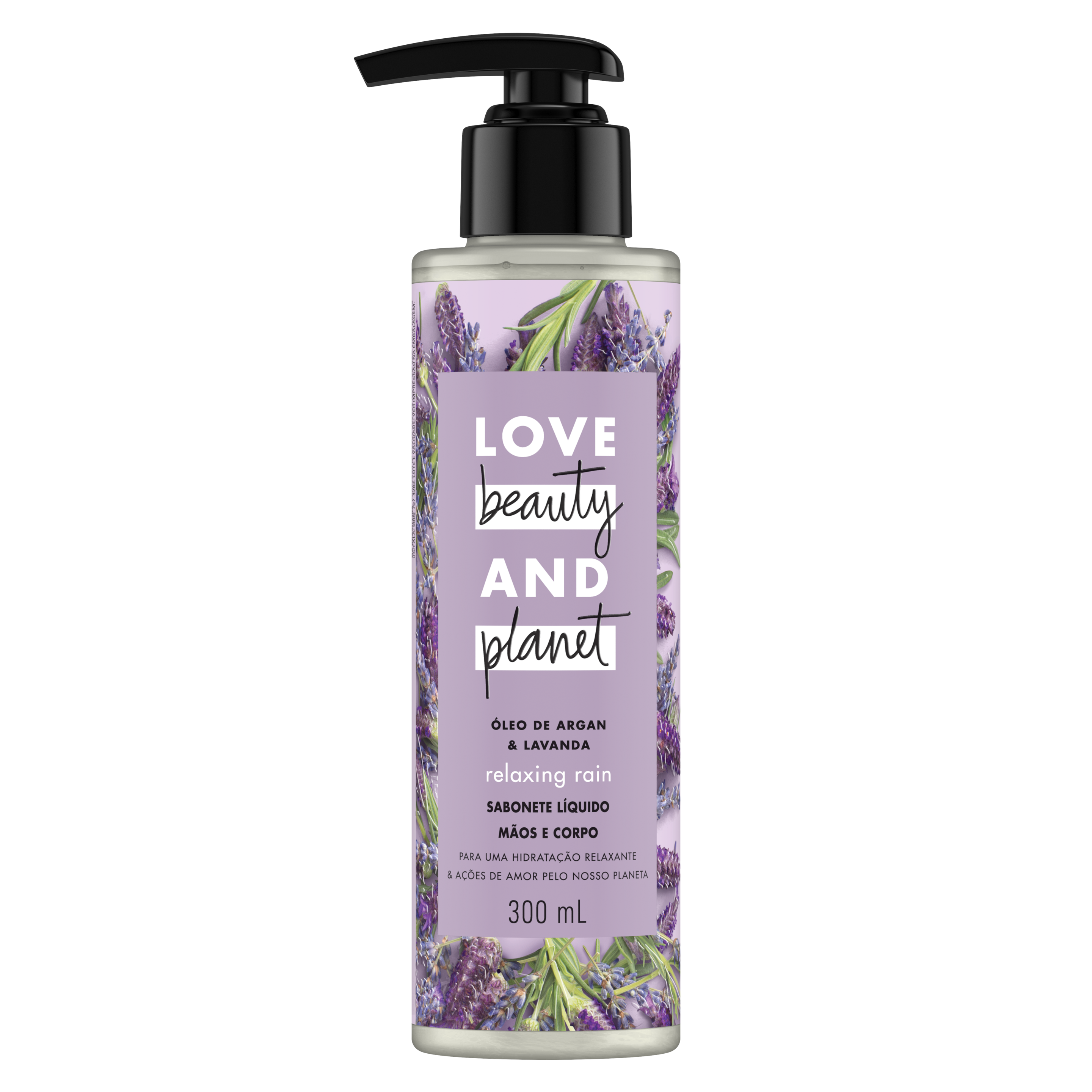 Frente da embalagem do sabonete líquido para o corpo e mãos Love Beauty and Planet óleo de argan & lavanda 300 ml