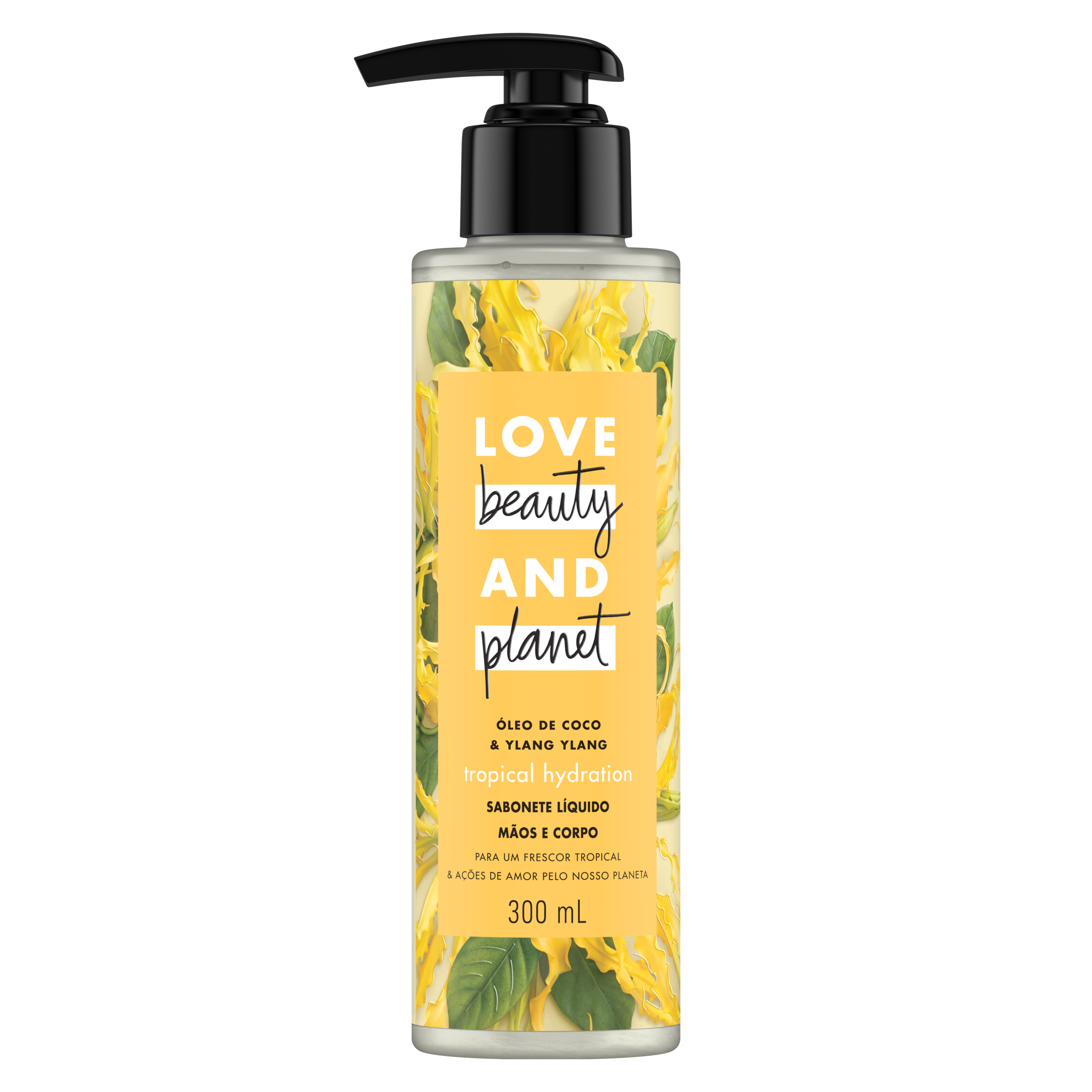 Frente da embalagem do sabonete líquido para o corpo e mãos Love Beauty and Planet óleo de coco & ylang-ylang 300 ml