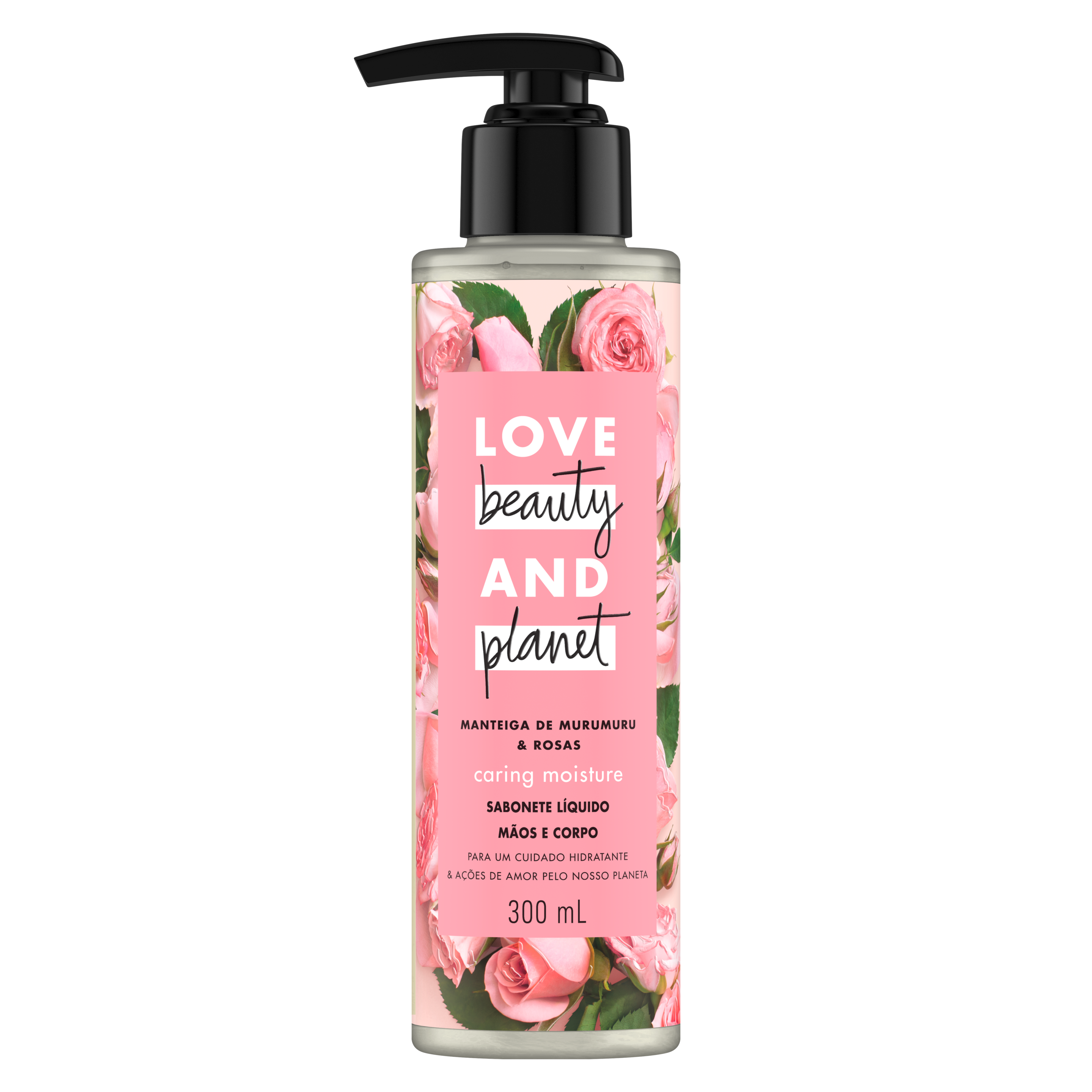 Frente da embalagem do sabonete líquido para o corpo e mãos Love Beauty and Planet manteiga de murumuru & rosas 300 ml