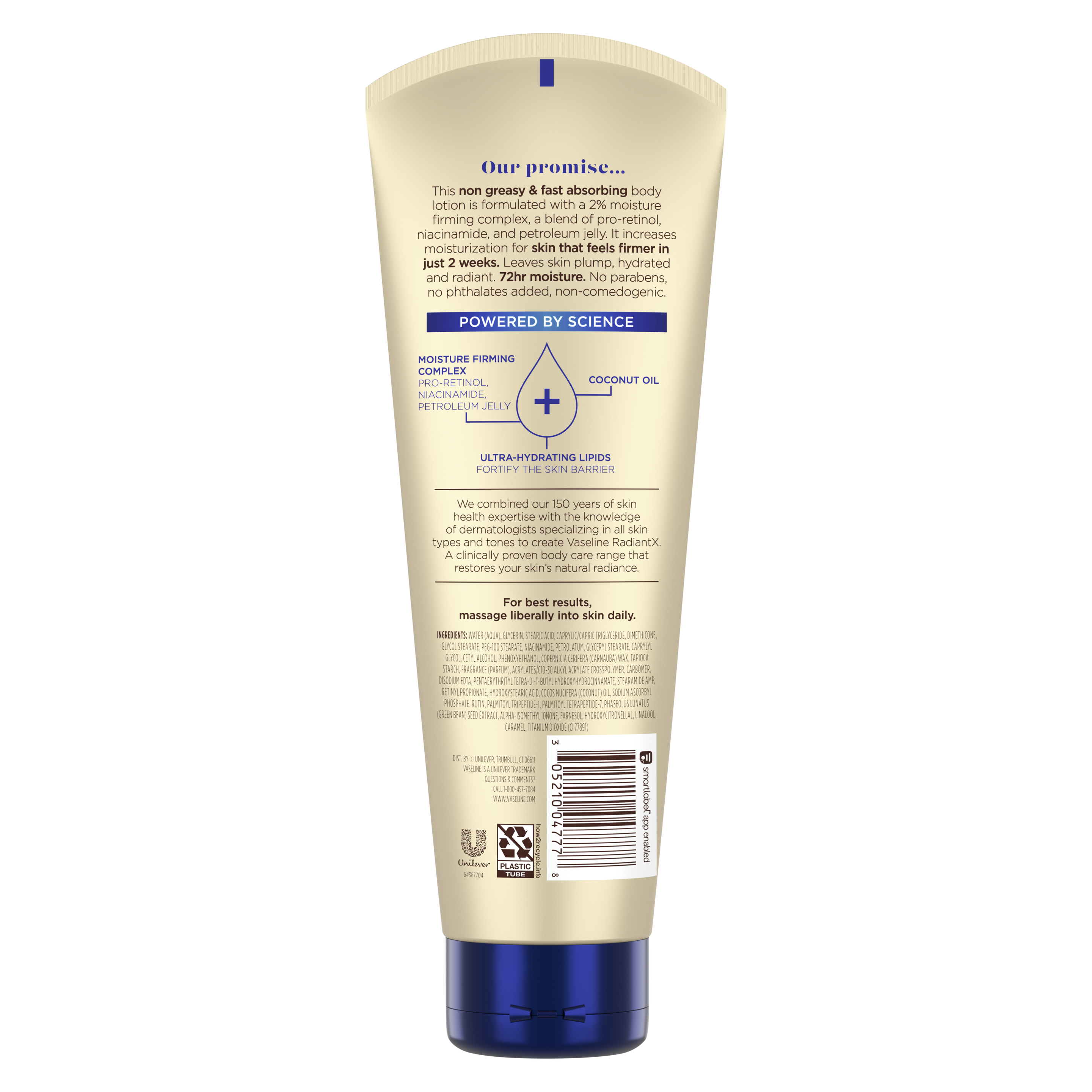 Vaseline® Radiant X irm & Restore  Body Lotion Back of Pack