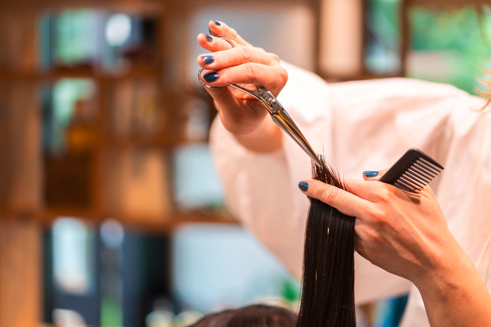 A portrait of hairdresser trim her client’s hair.
