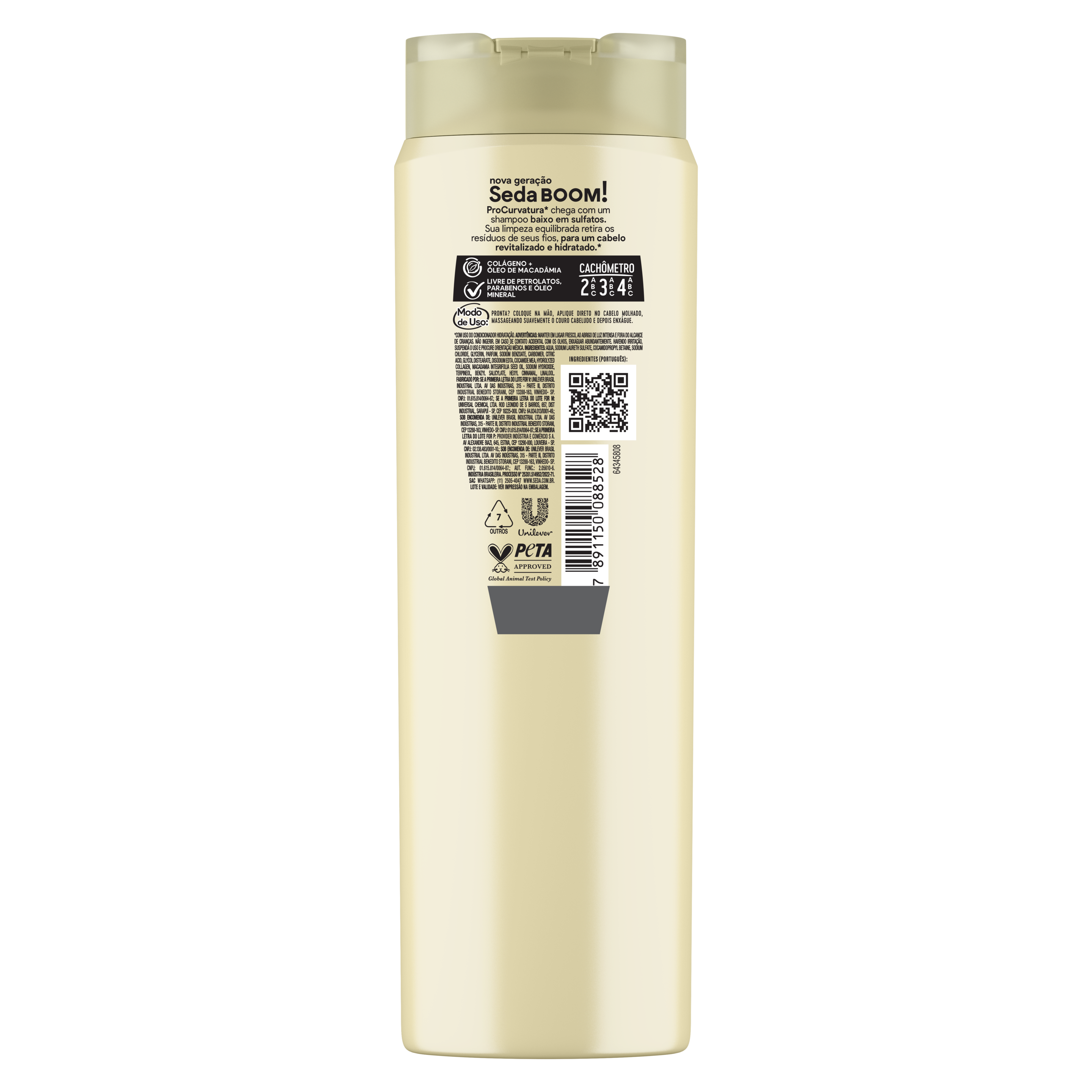 Uma imagem traseira da embalagem de Shampoo Seda Boom Hidratação Pro-Curvatura 425ml