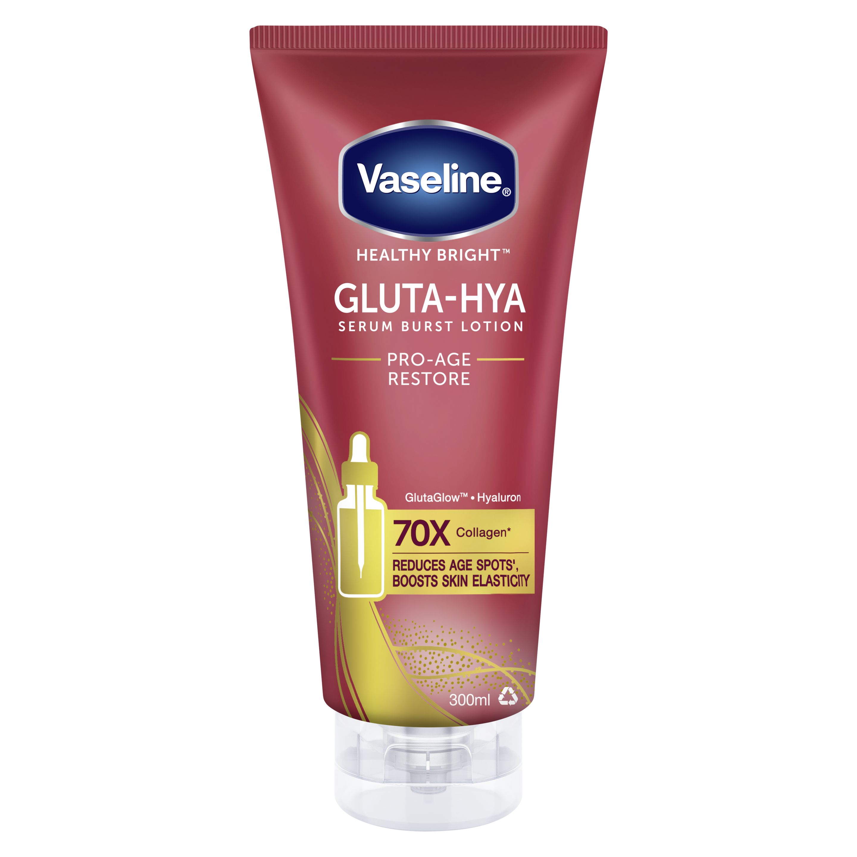 Vaseline Gluta-Hya Serum Burst Lotion Pro-Age Restore 300ml FOP Pack packshot