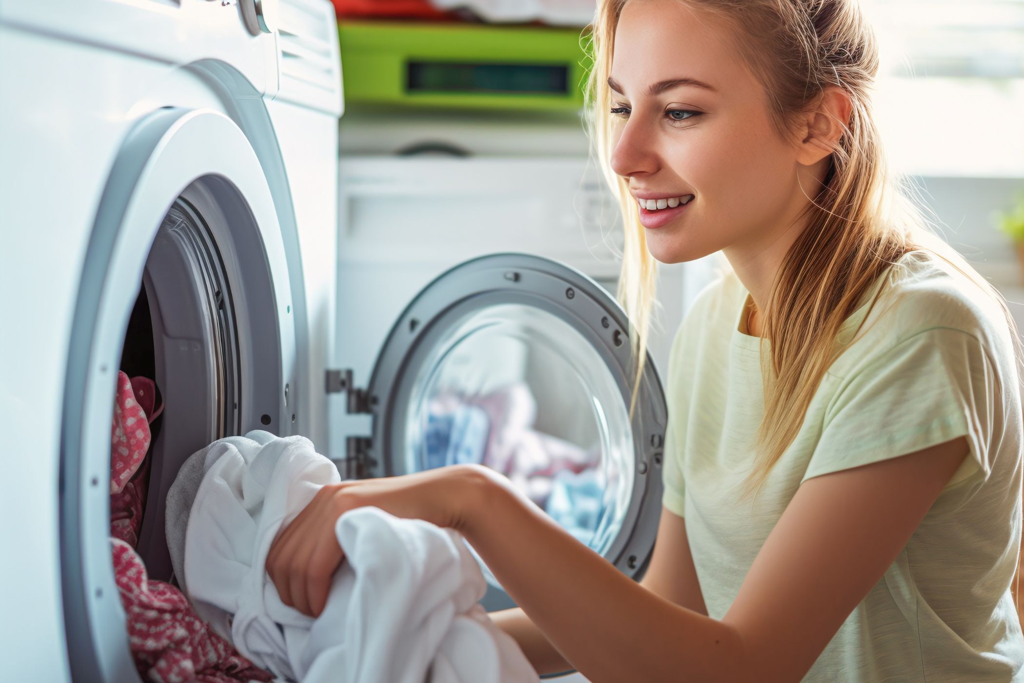 Young woman looking at  laundry in washing machine