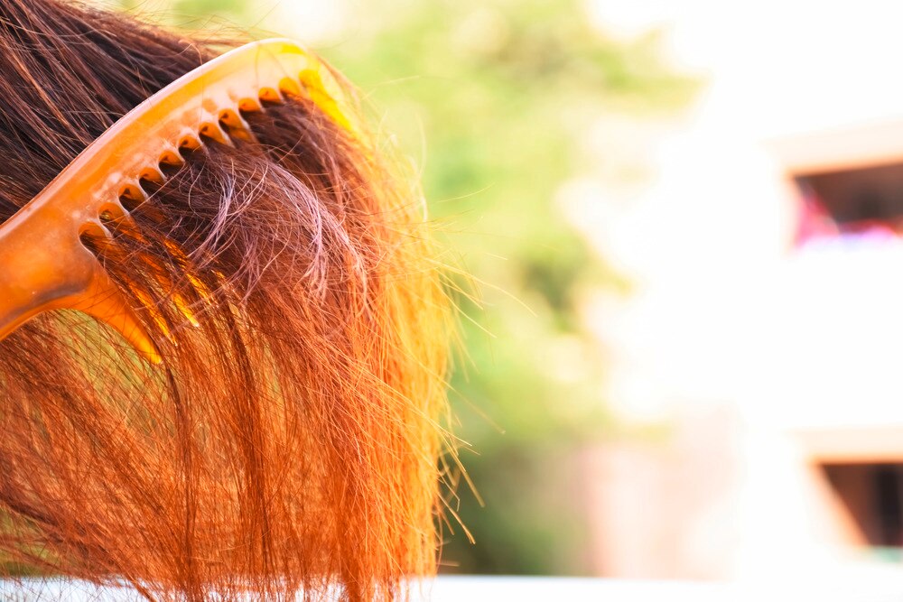 Closeup woman combing through brassy, dry hair with split ends.