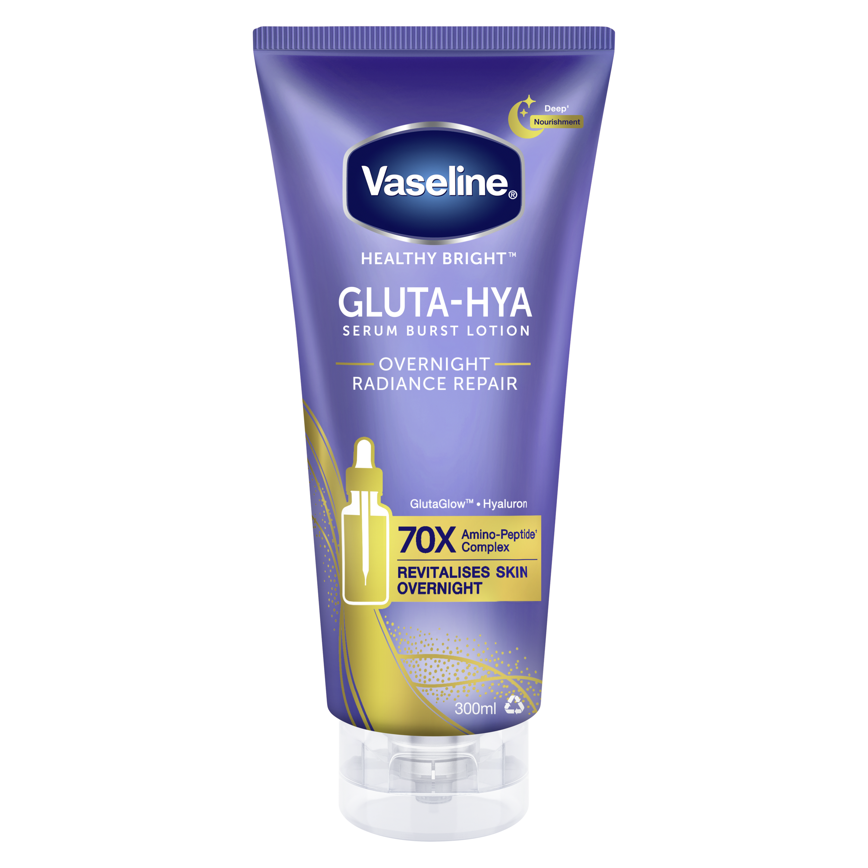 Vaseline® Gluta-Hya Serum Burst Lotion Overnight Radiance Repair 300ml FOP Pack packshot