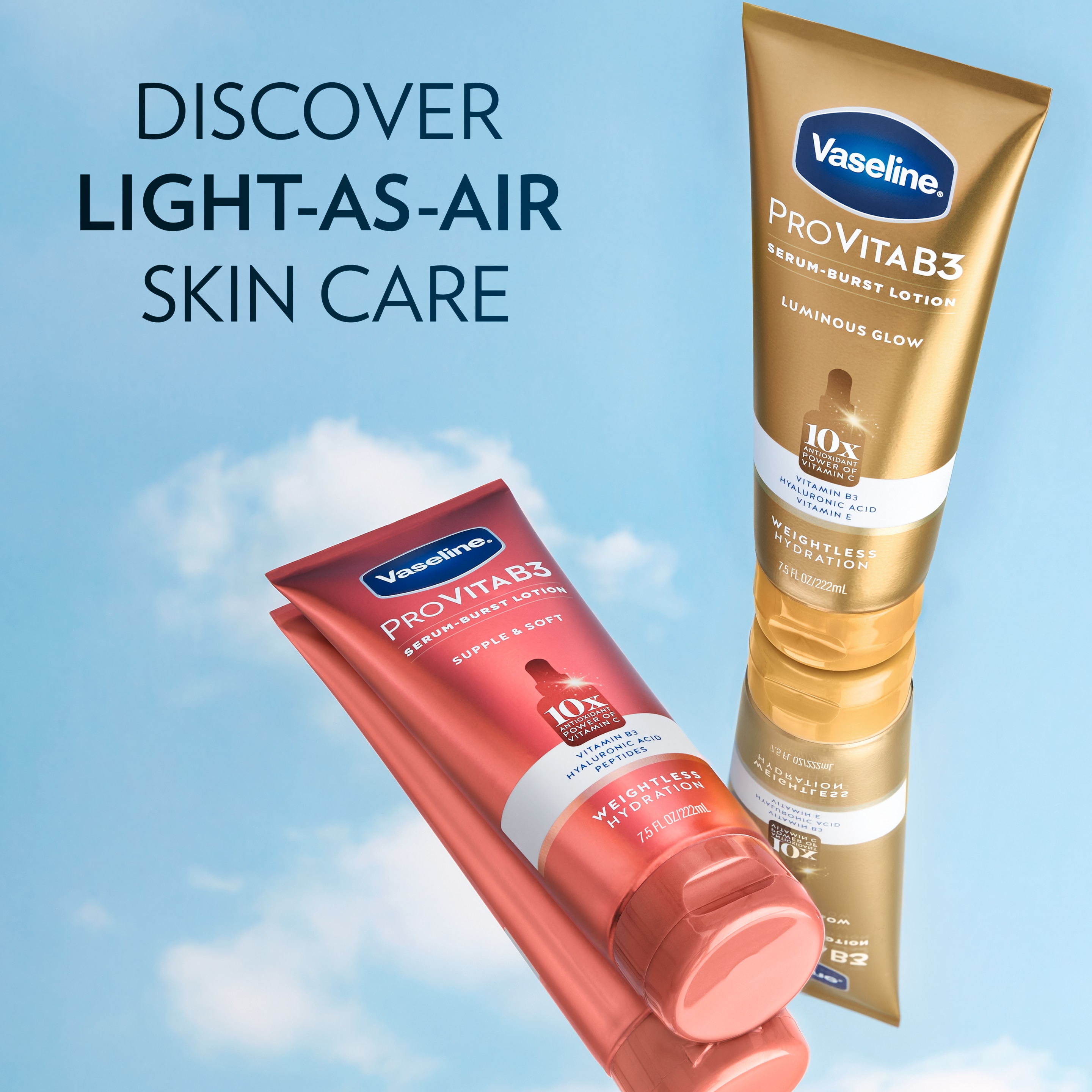 Two Vaseline Pro-VitaB3 lotion tubes are shown against a sky backdrop with text