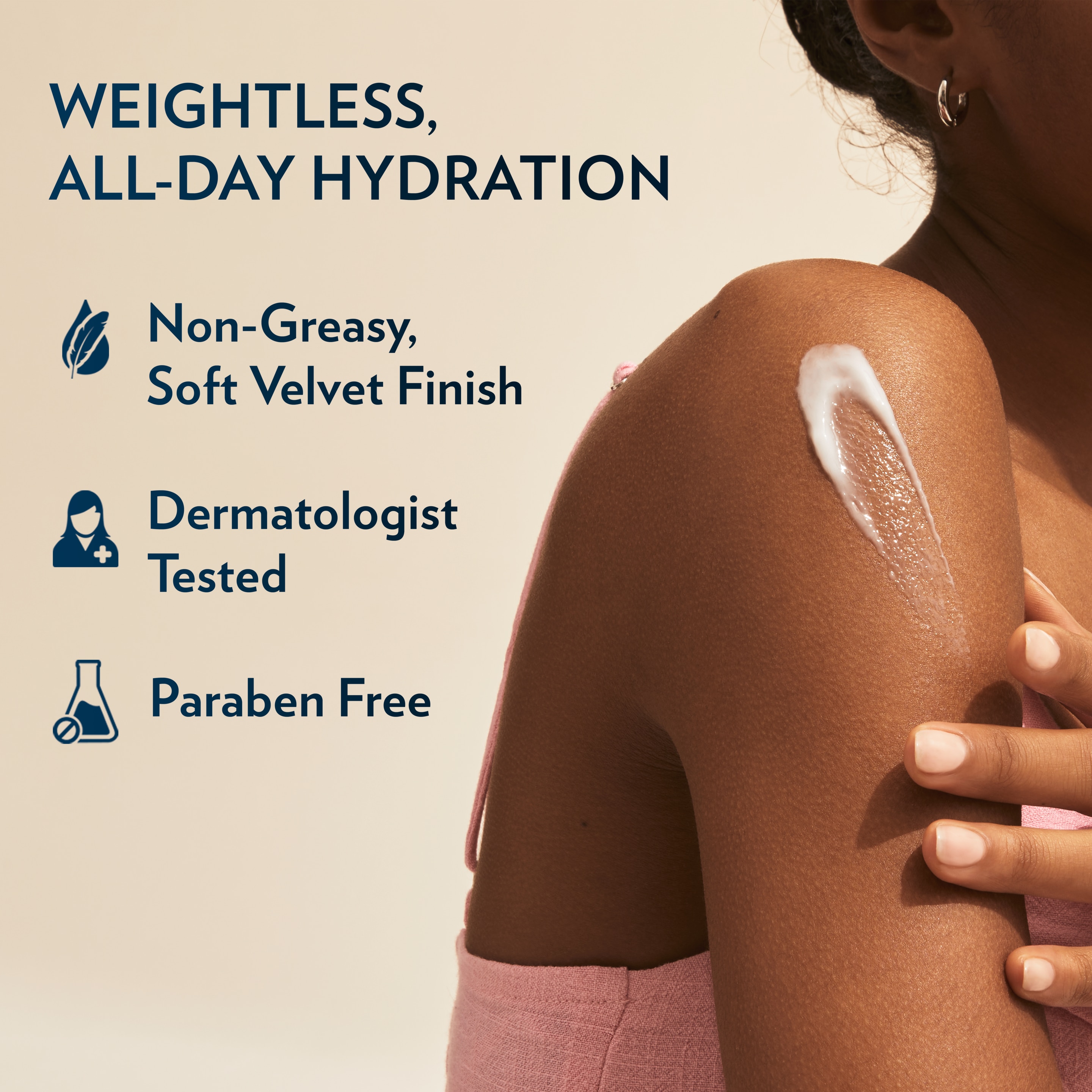 A person applies lotion to their shoulder beside text