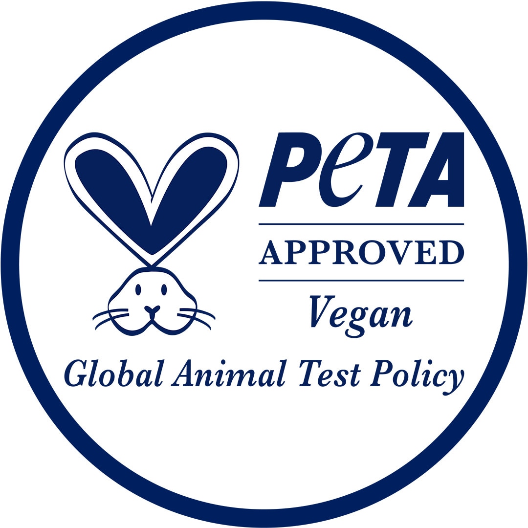 Dark blue badge with the PETA Approved Vegan logo within a circle