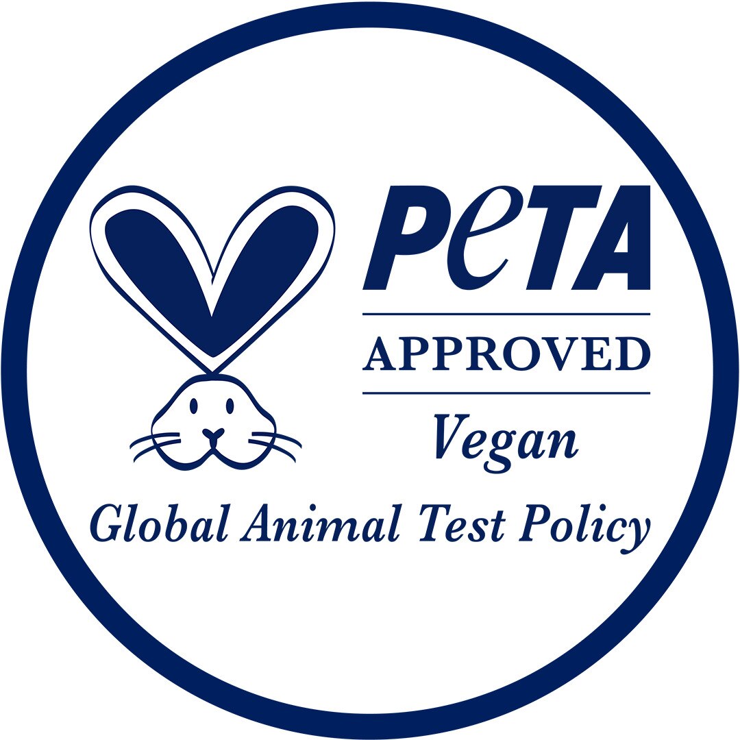 Dark blue badge with the PETA Approved Vegan logo within a circle  