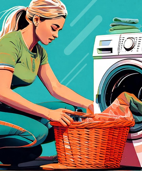 A women is putting clothes in the washhing machine with a smiling face