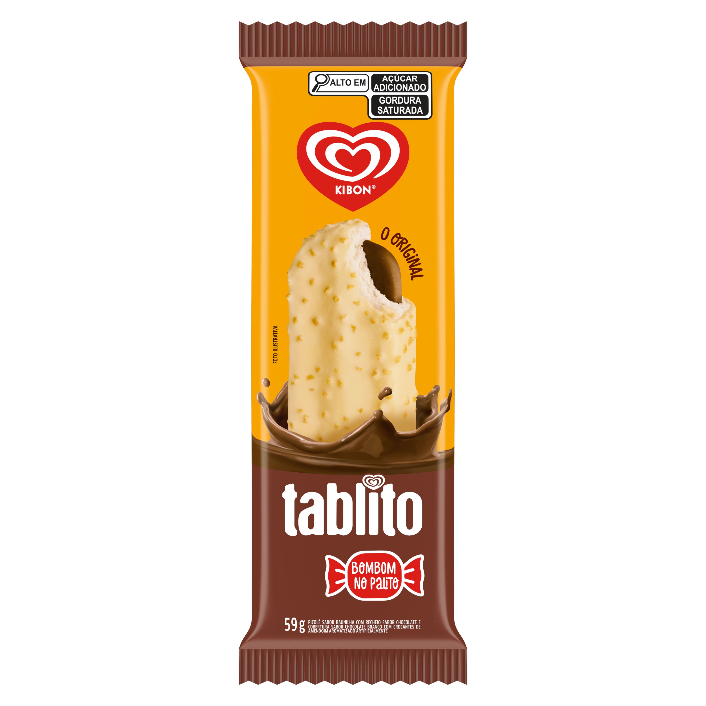 Picolé Tablito com recheio de chocolate despotando de uma mordida na ponta