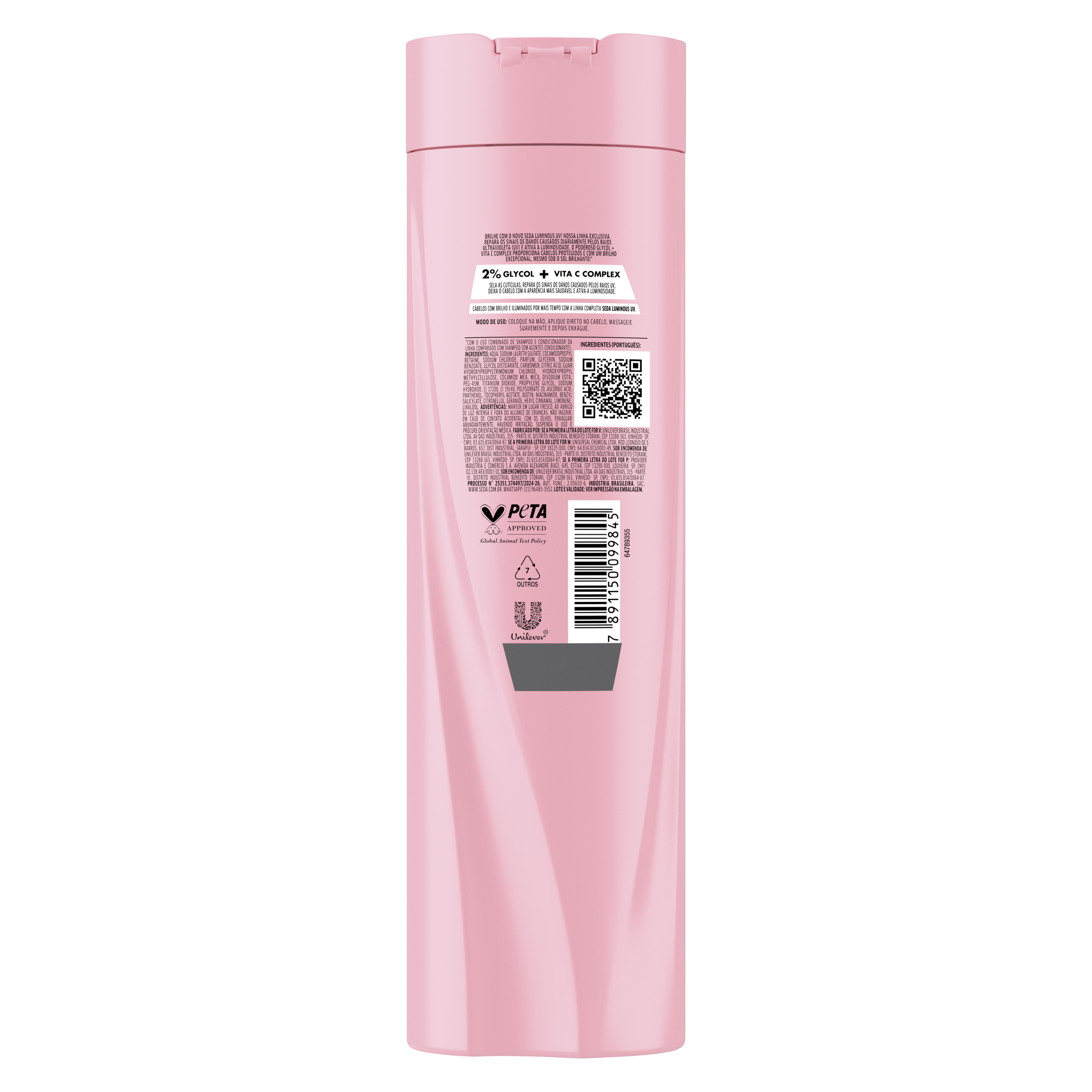 Uma imagem traseira da embalagem do Shampoo Seda Luminous UV 300ml