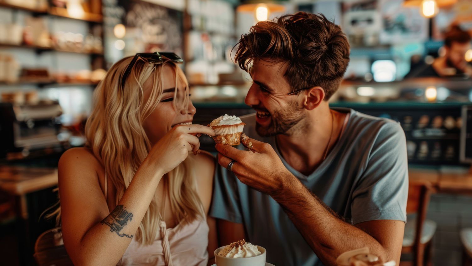 Happy couple eating cake