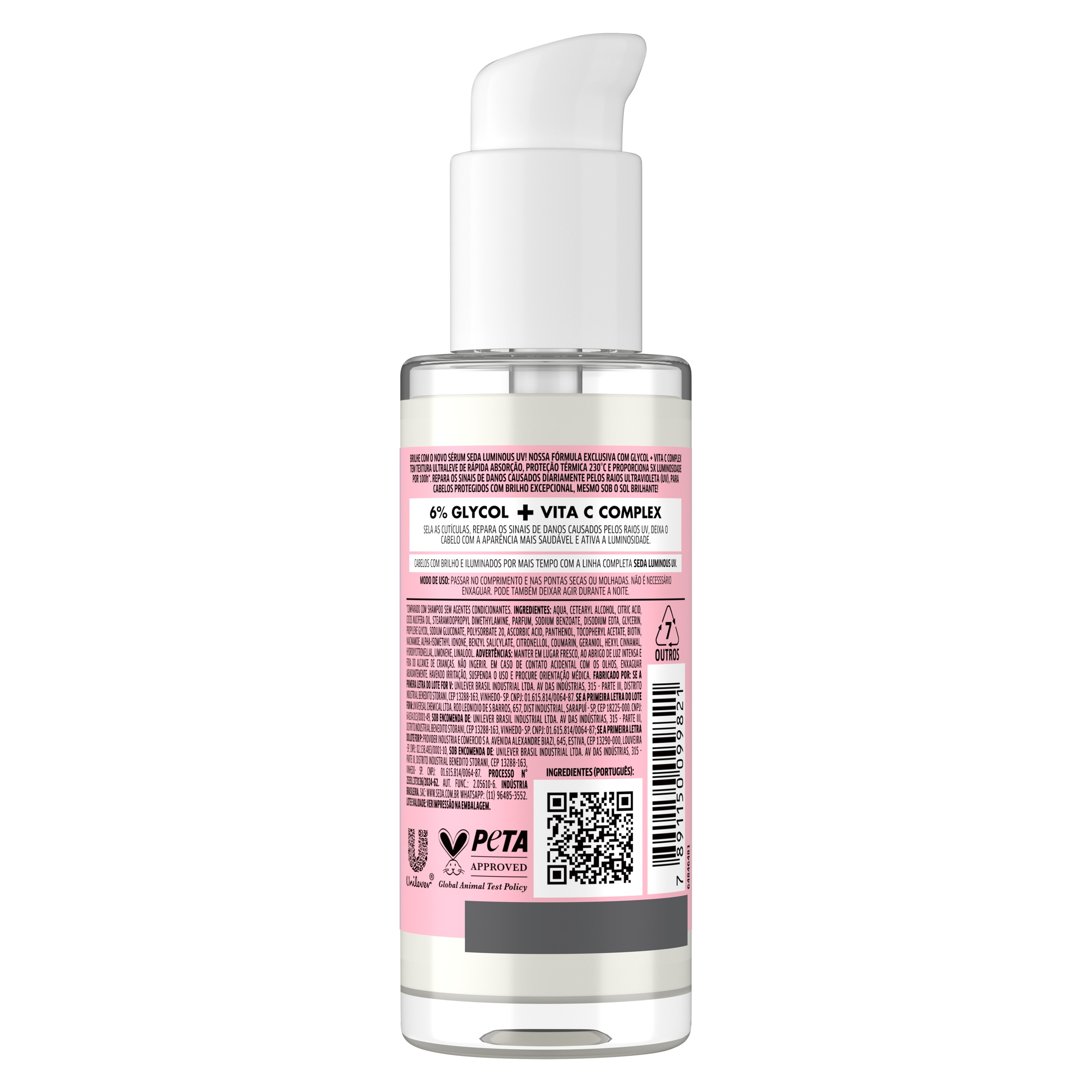 Uma imagem traseira da embalagem do Sérum Leave-In Seda Luminous UV 110ml