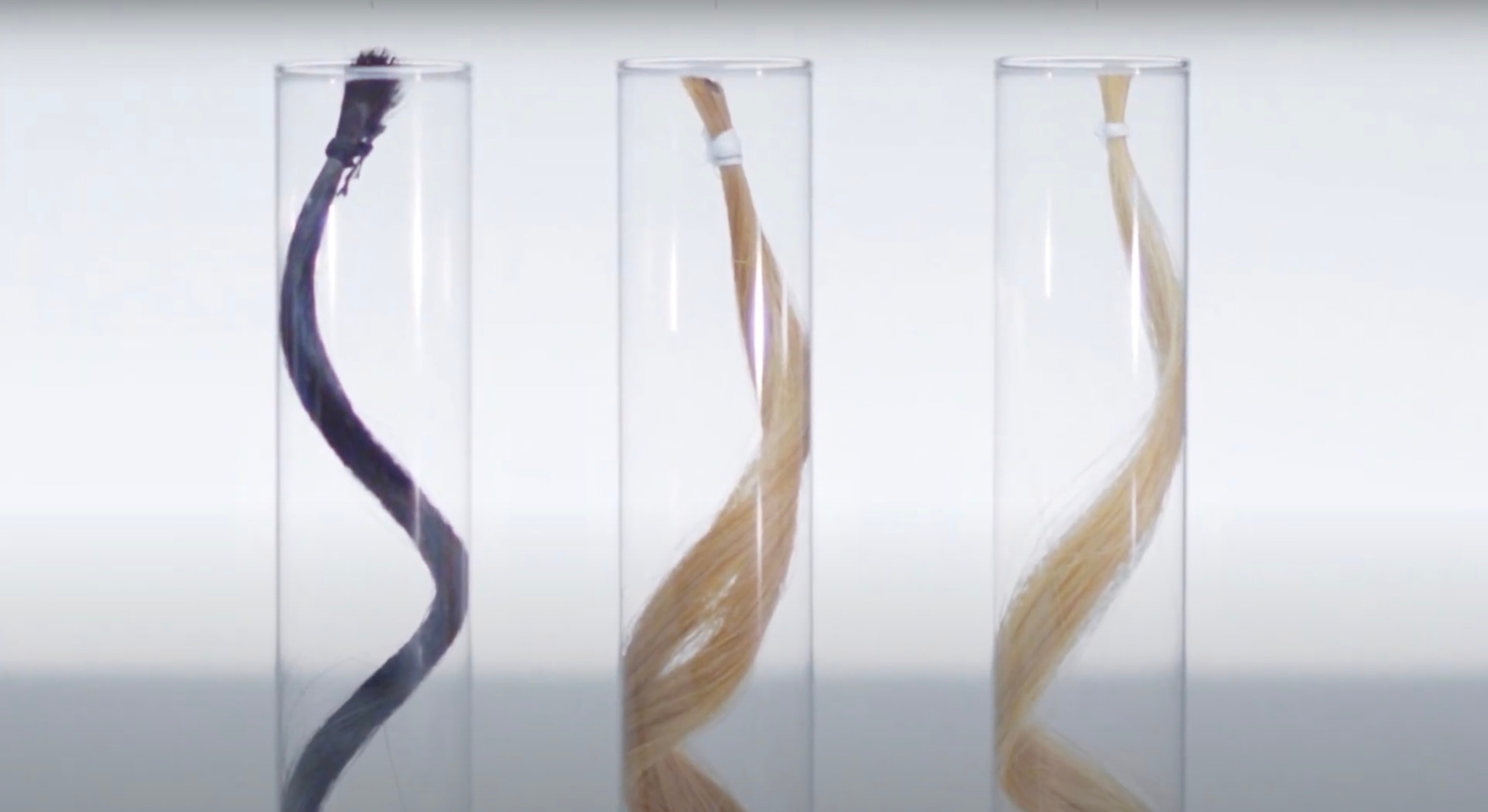 três fios de cabelo de colorações diferentes dentro de tubos de vidro