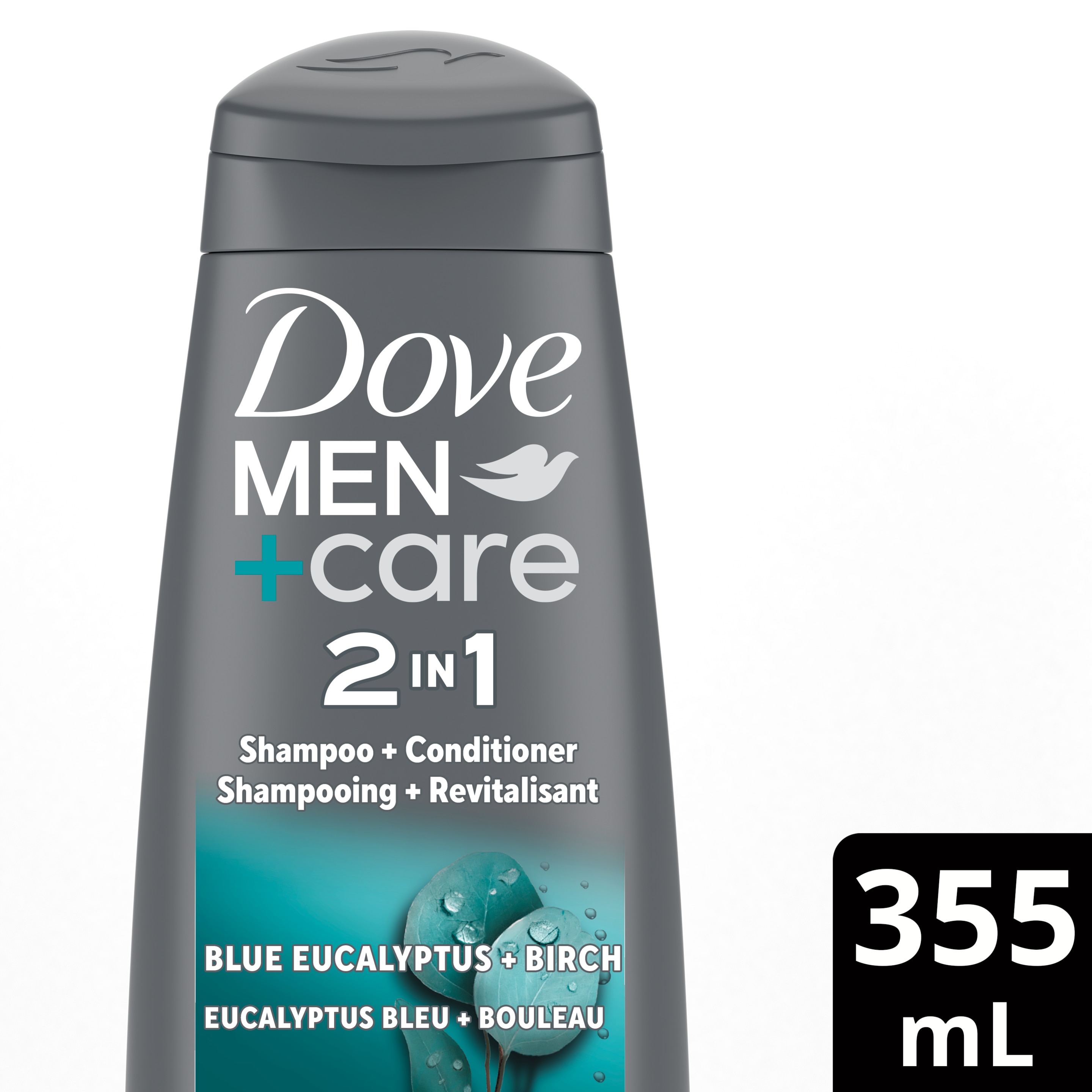 Dove Men+Care Eucalyptus + Birch 2in1 Shampoo and Conditioner 12 oz Front of Pack