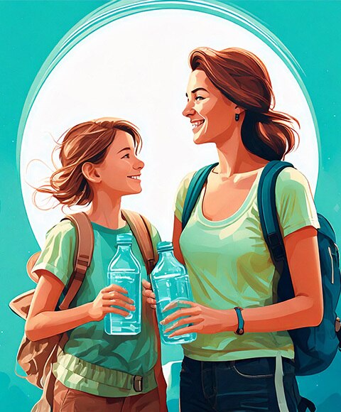 Madre e hija en una caminata bebiendo agua