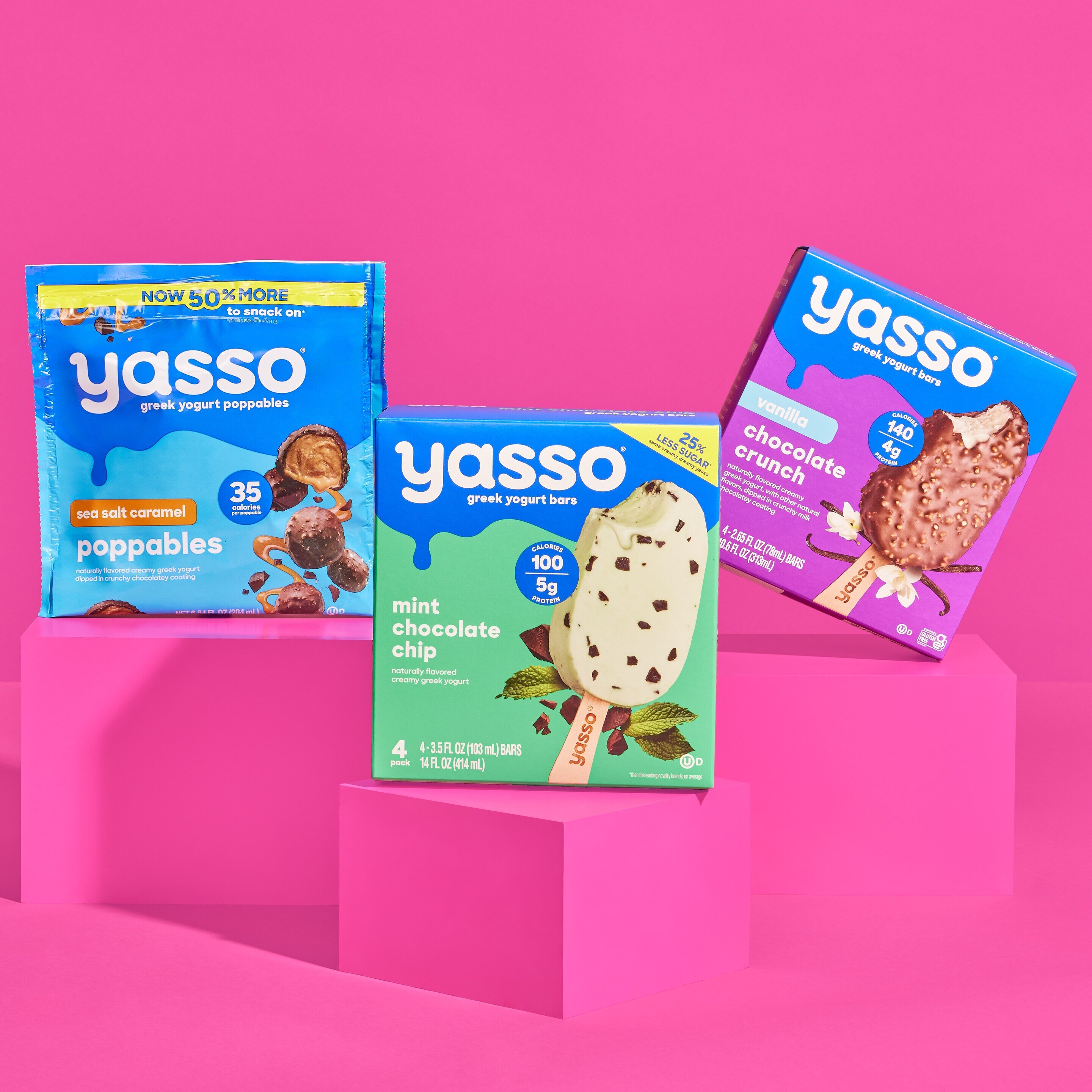 Three Yasso products on a pink background