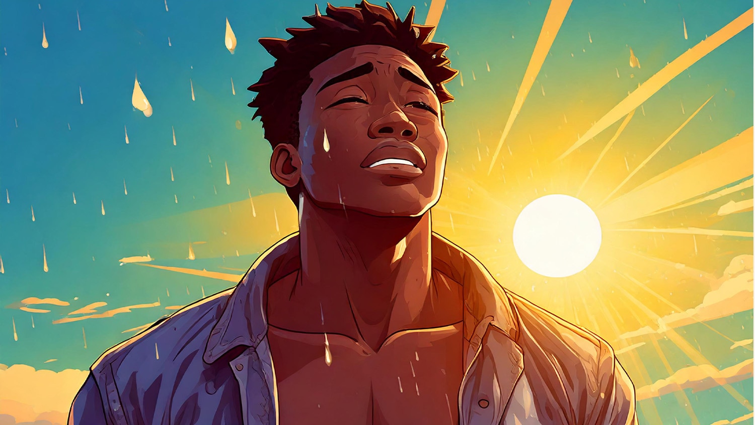 Anime illustration of African American man sweating in the sun