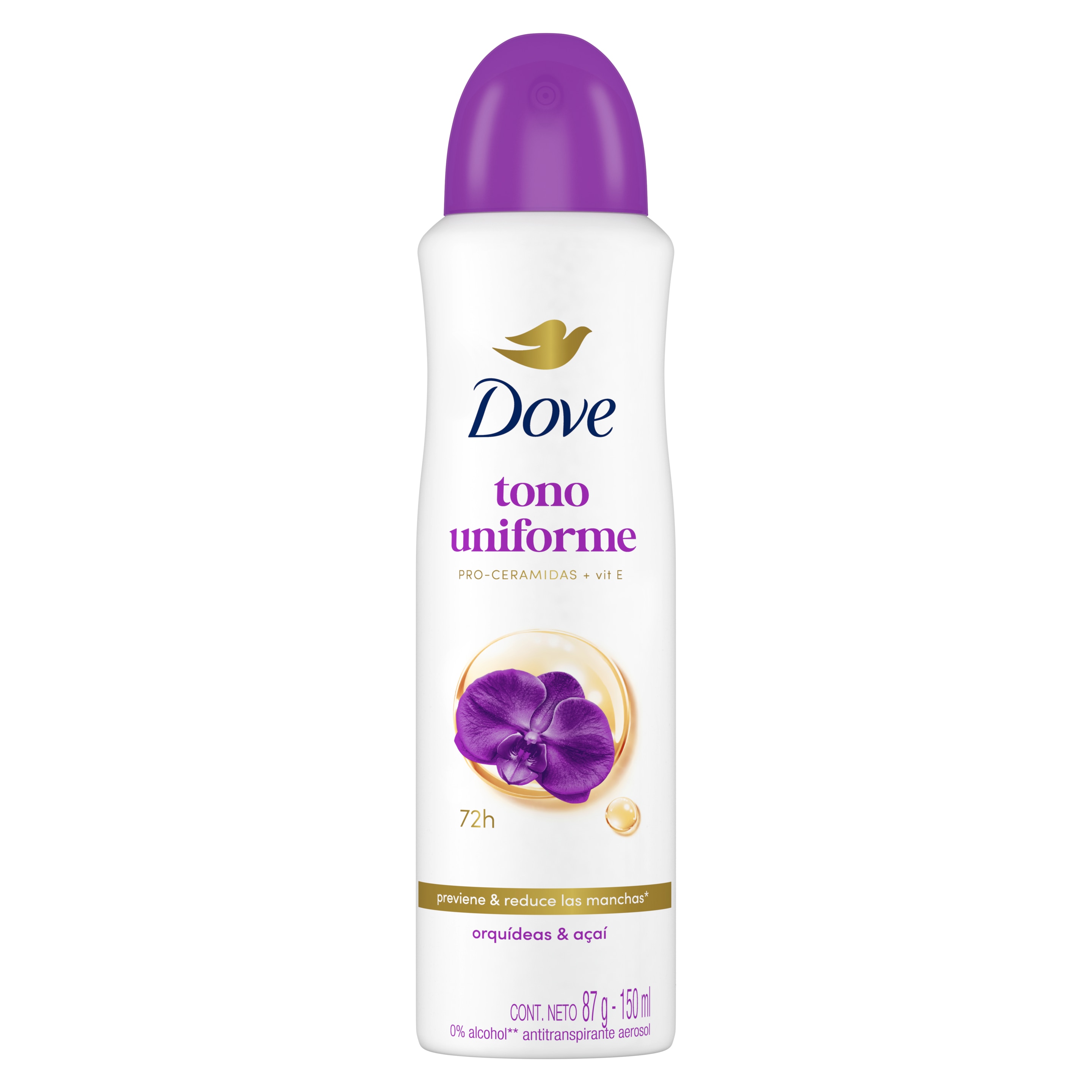 Dove®Antitranspirante en Aerosol Tono Uniforme Orquídea - Disfruta su fórmula con vitamina E.