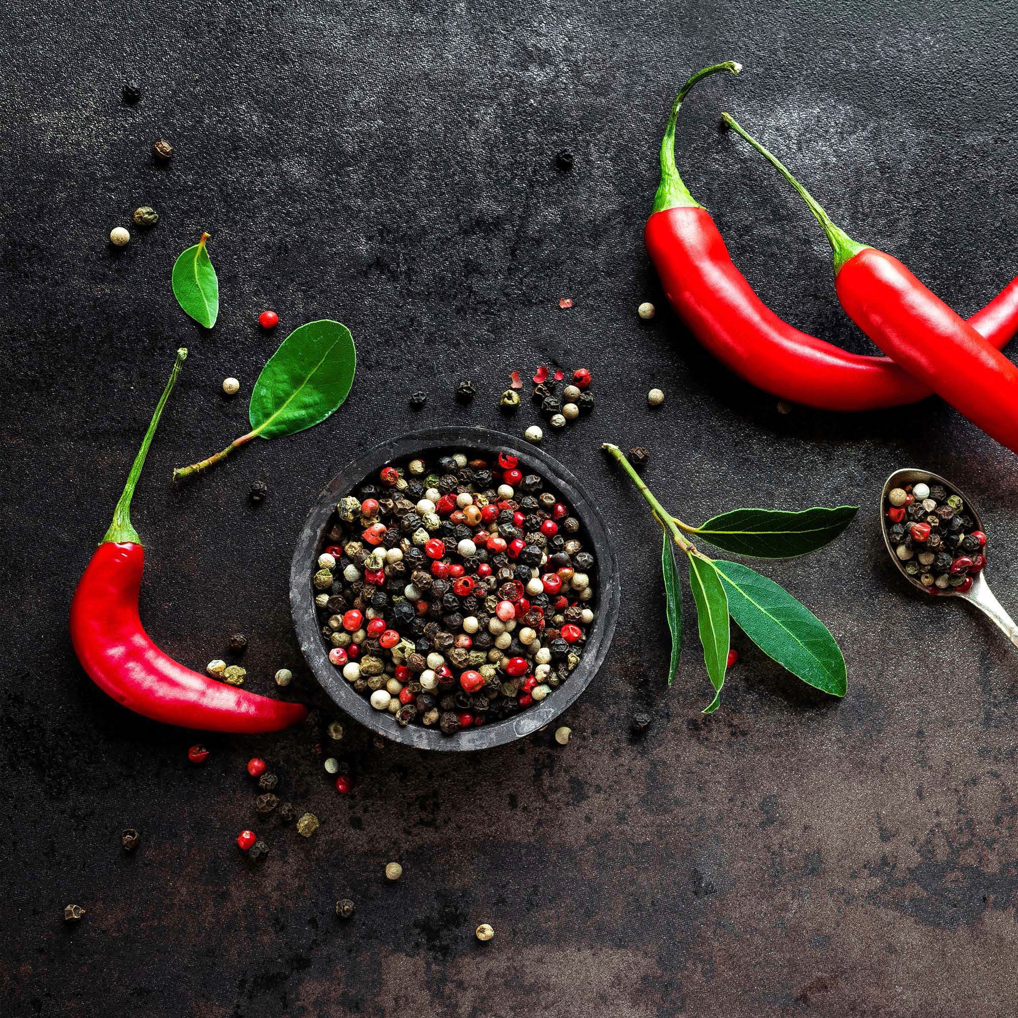 Red chilli and peppercorns