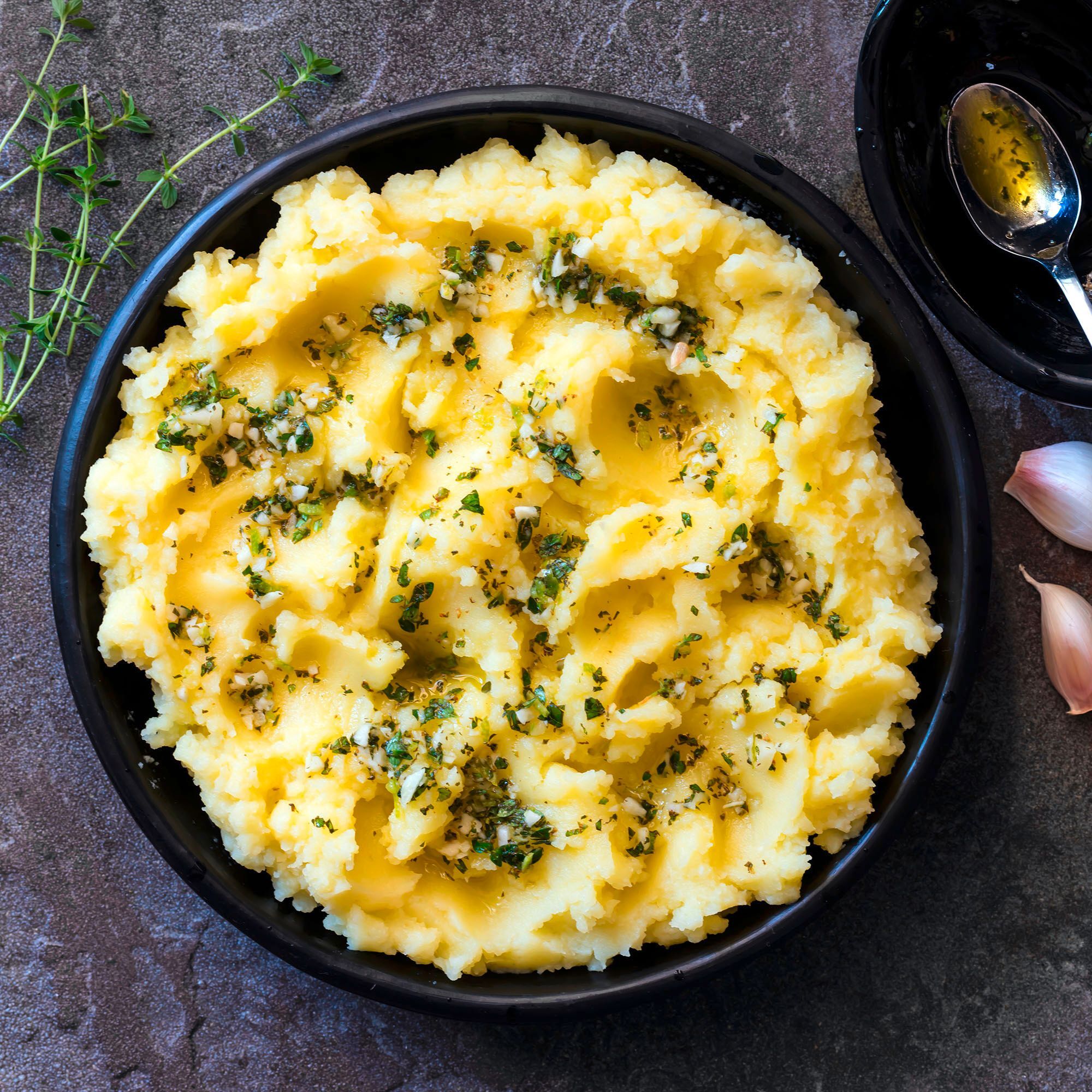 Potato mash with olive oil, garlic, lemon, and herbs.