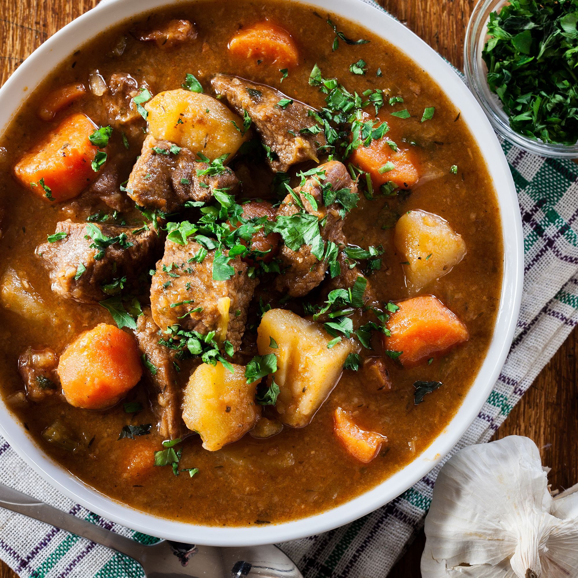 Stew made with beef, potatoes, carrots and herbs