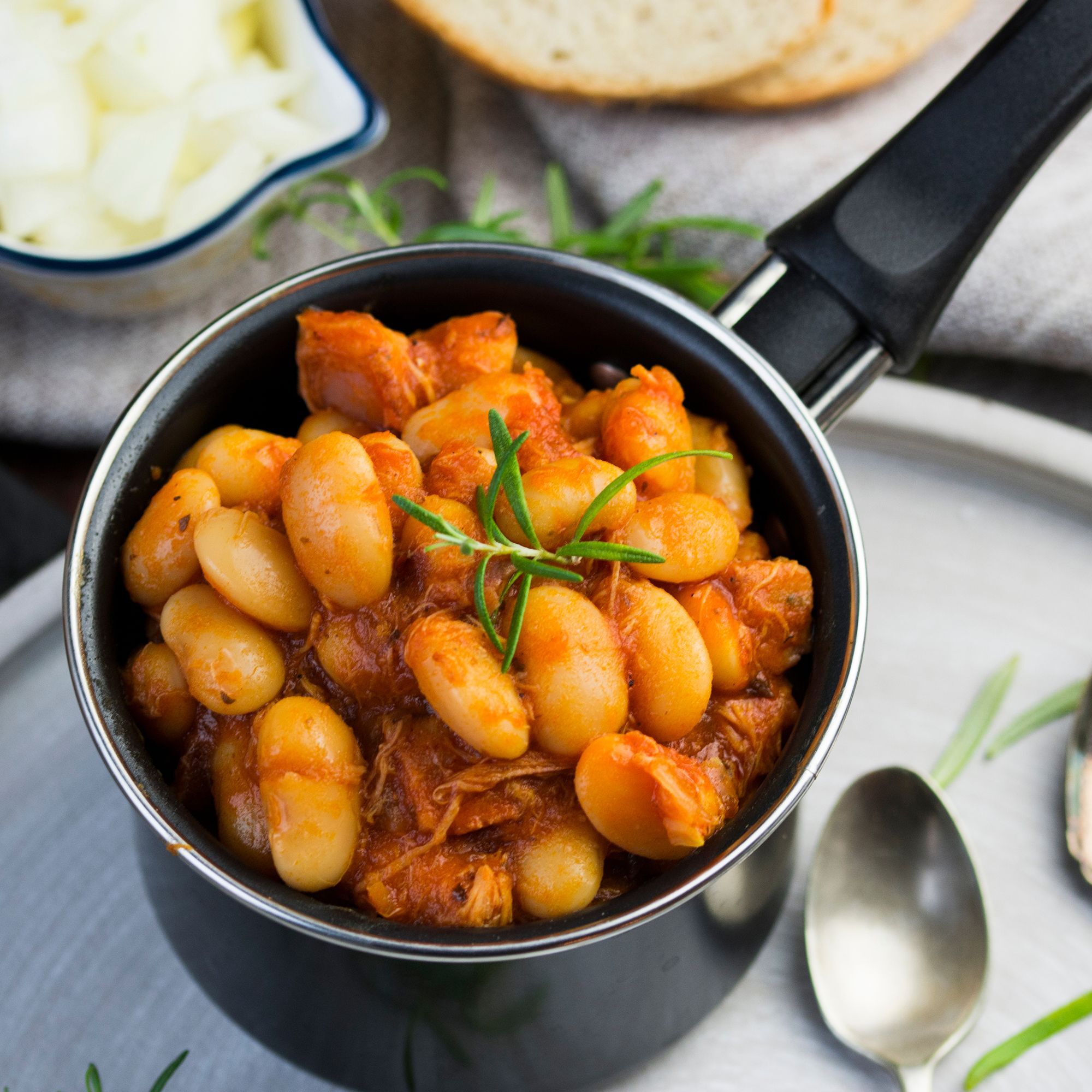 Stewed beans in tomato sauce with herbs and spices