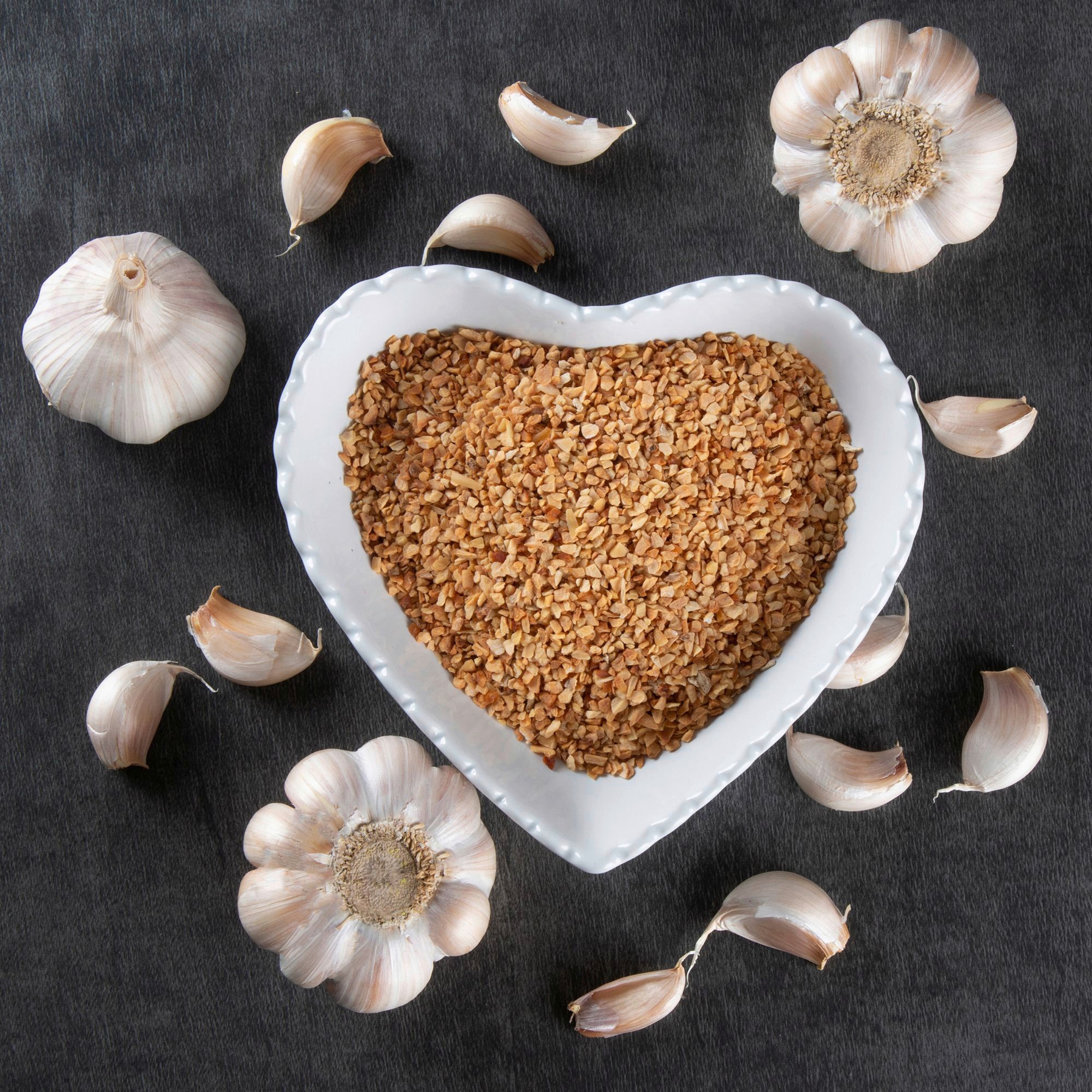 Garlic Cloves and Bulb in Heart Bowl