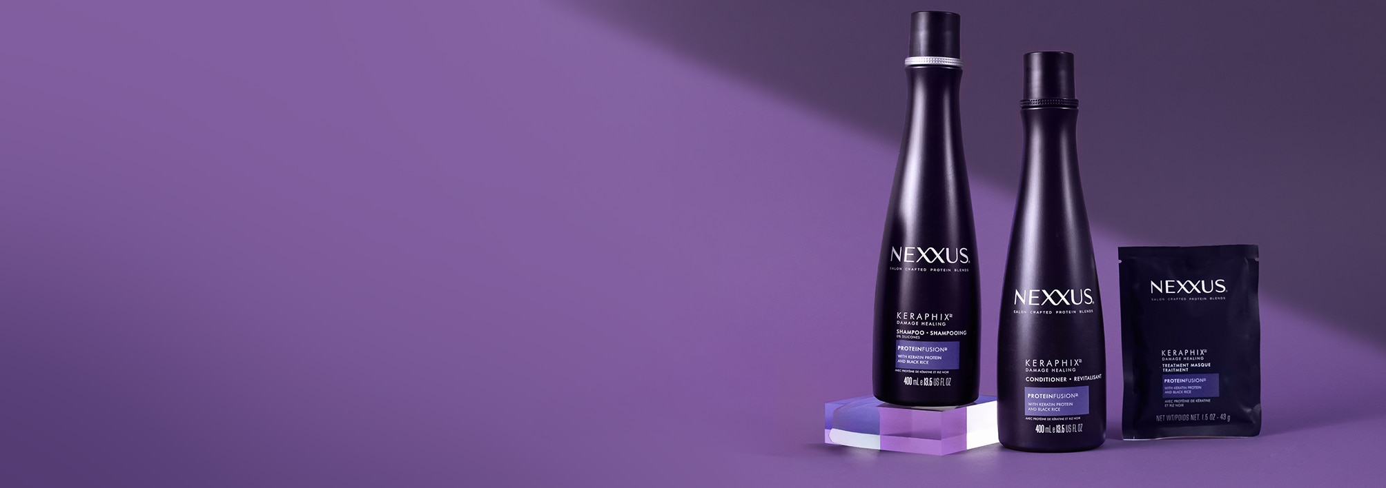 The entire Keraphix Keratin Collection is shown against a purple background.