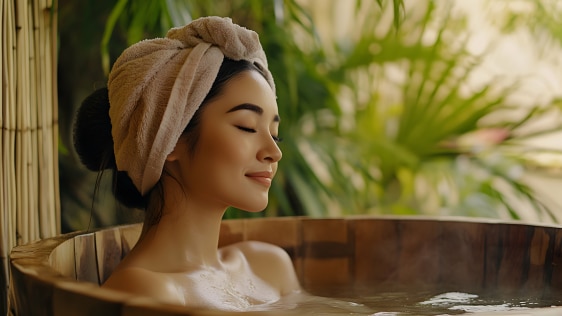 Asian woman soaking in a tub enjoying an international bath ritual