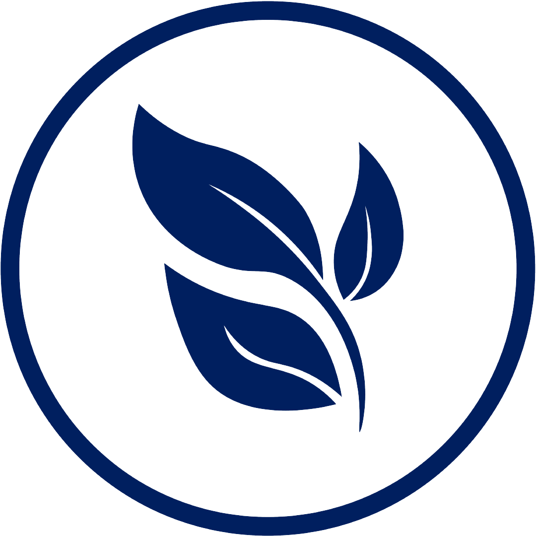 Dark blue badge with a leaf illustration