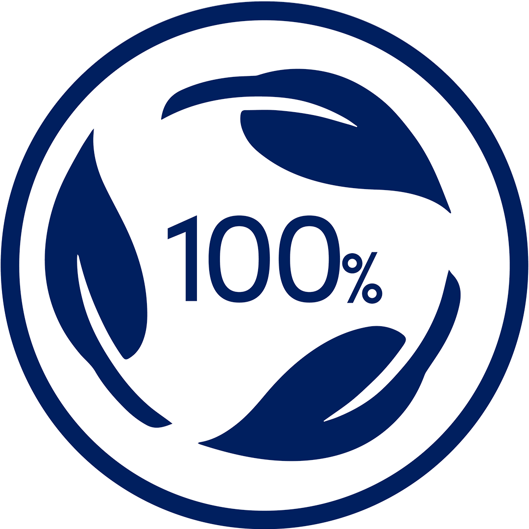 Dark blue badge with 100% encircled with an illustration of leaves