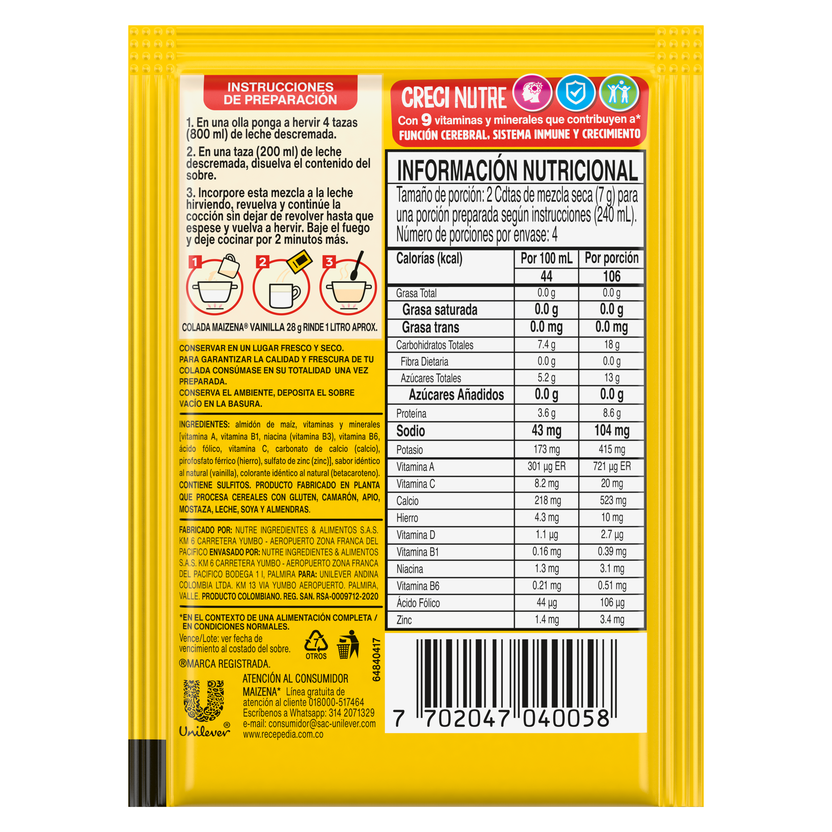 Maizena colada de Vainilla con vitaminas y minerales 28g