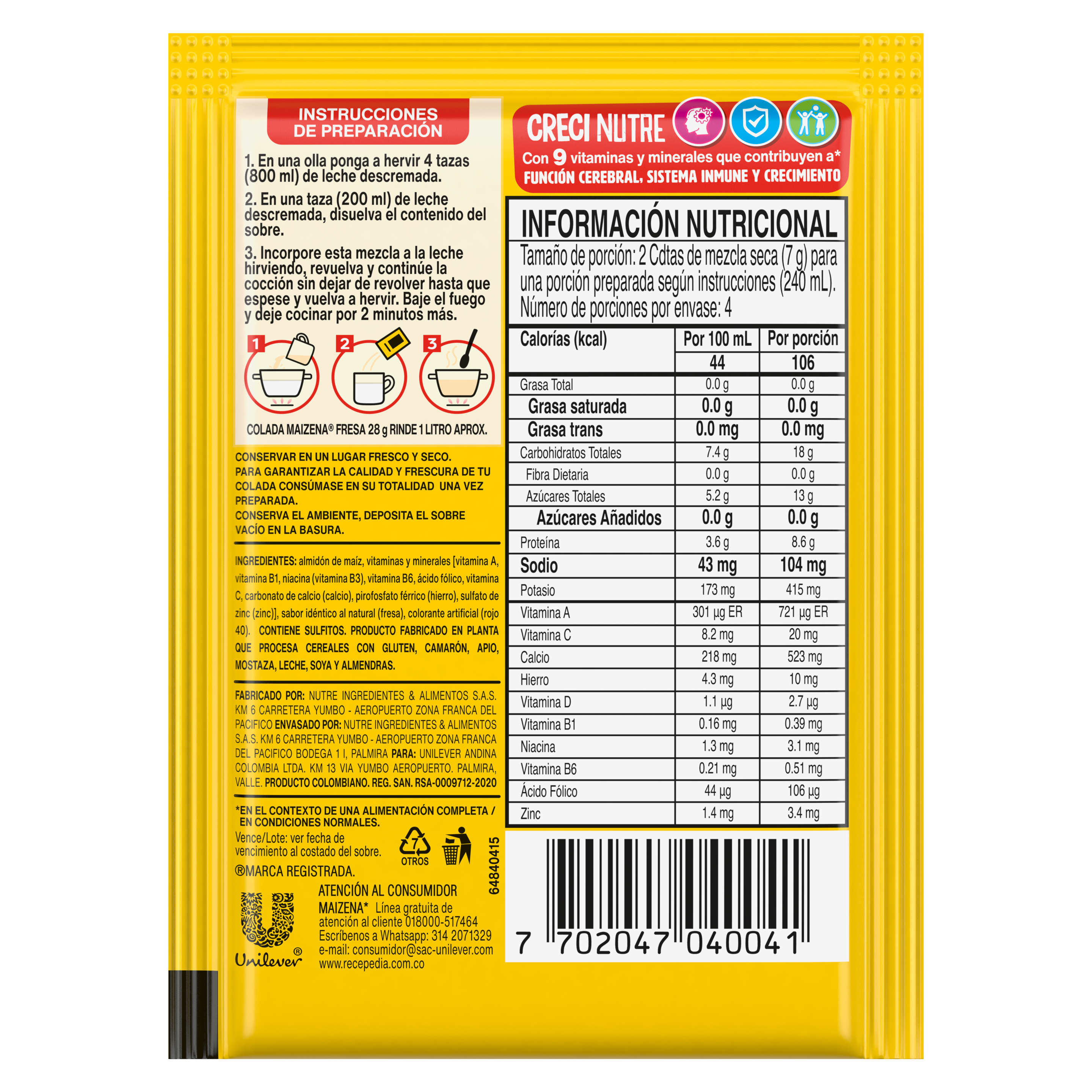 Maizena colada de Fresa con vitaminas y minerales 28g