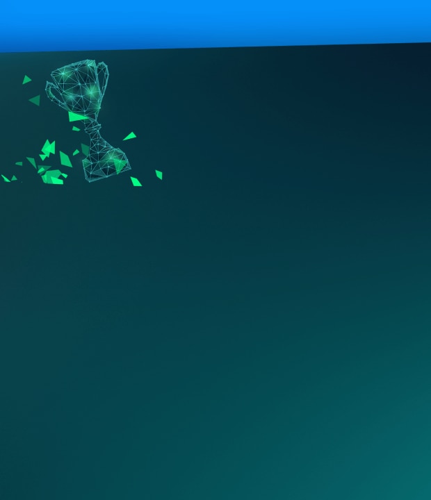 Plano de fundo em tons de verde e azul com uma forma de troféu poligonal