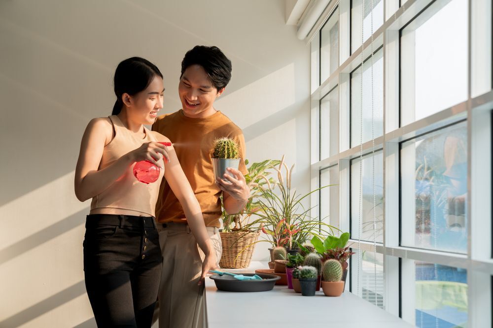 Man and woman happily watering a cactus.