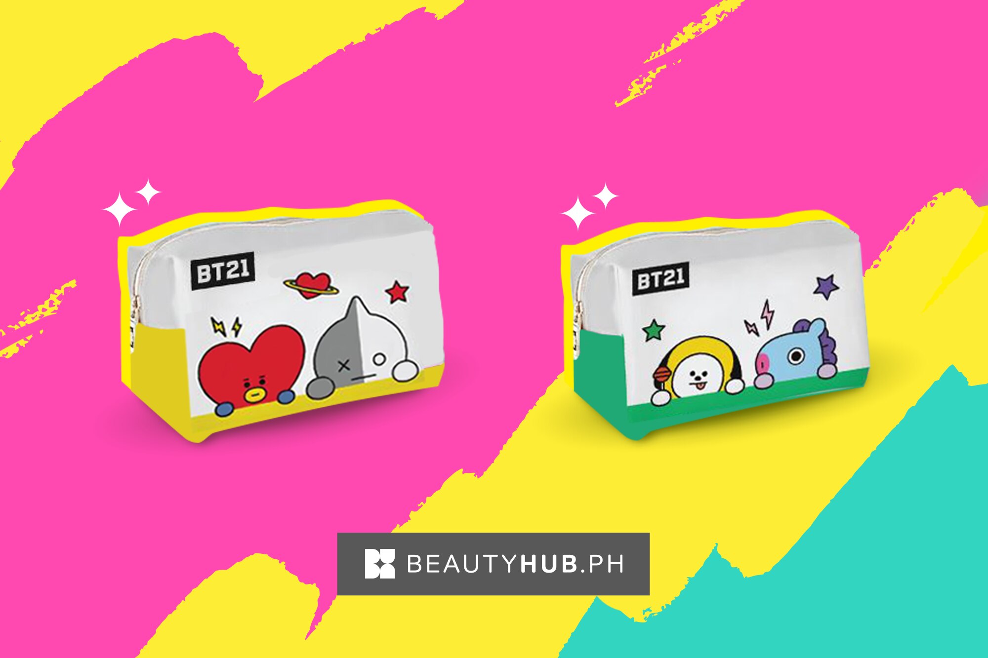 Two BT21 pouches featuring Tata, Van, Chimmy, and Mang on pink background